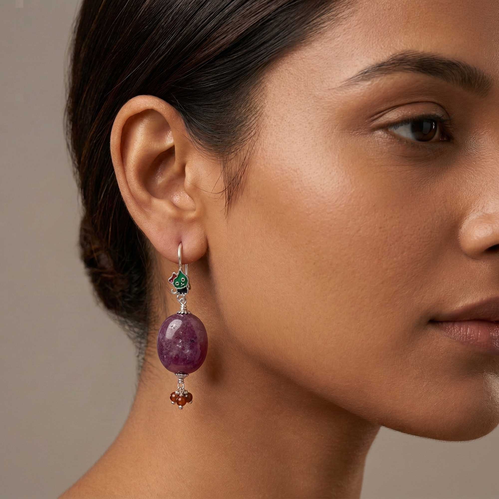 Silver Earrings with Burmese Ruby and Natural Beads (Design K5-225) thumbnail