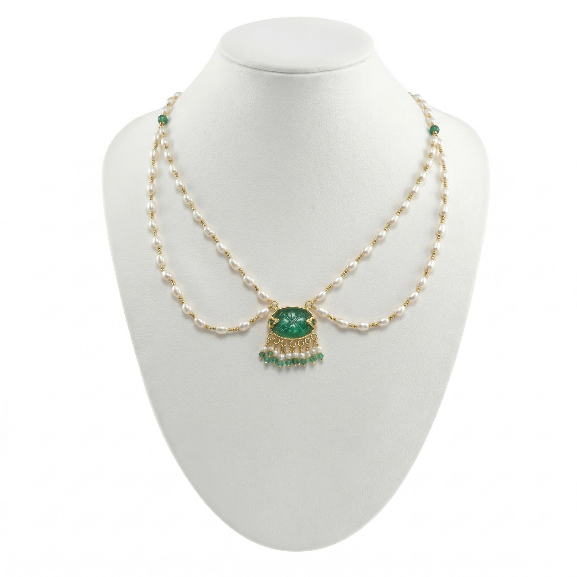 Pearl and Carved Emerald Mala in 22K Yellow Gold – 22.55 Ct, 4.74 g thumbnail