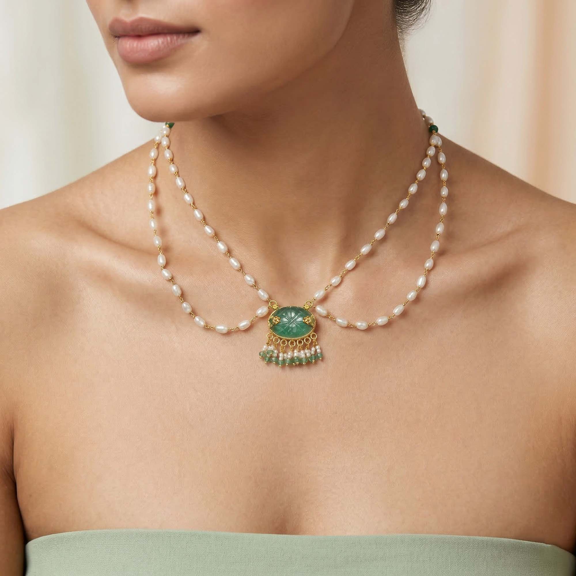 Pearl and Carved Emerald Mala in 22K Yellow Gold – 22.55 Ct, 4.74 g thumbnail