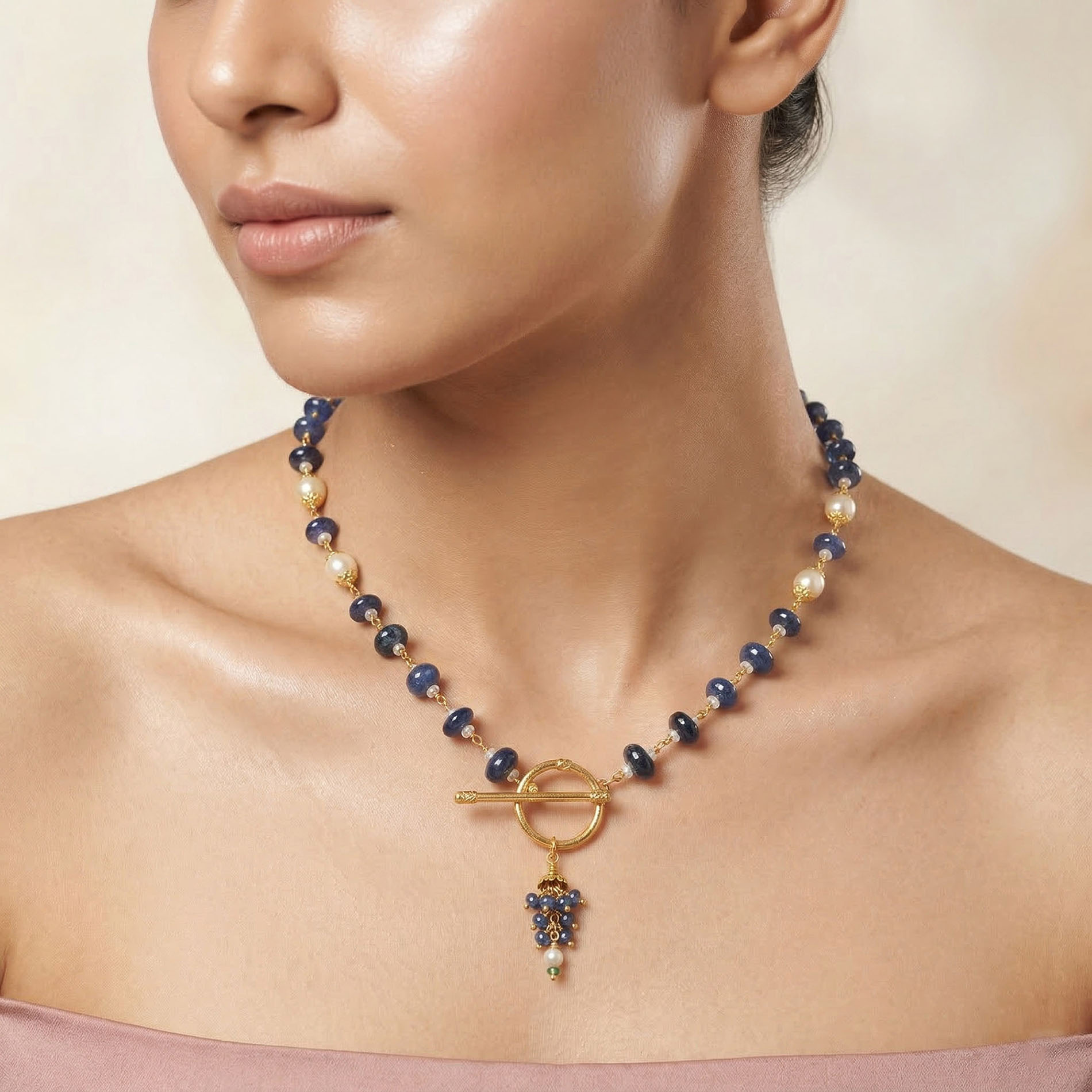 Blue Sapphire and Pearl Necklace in 22K Yellow Gold – 64.49 Ct, 4.9 g thumbnail