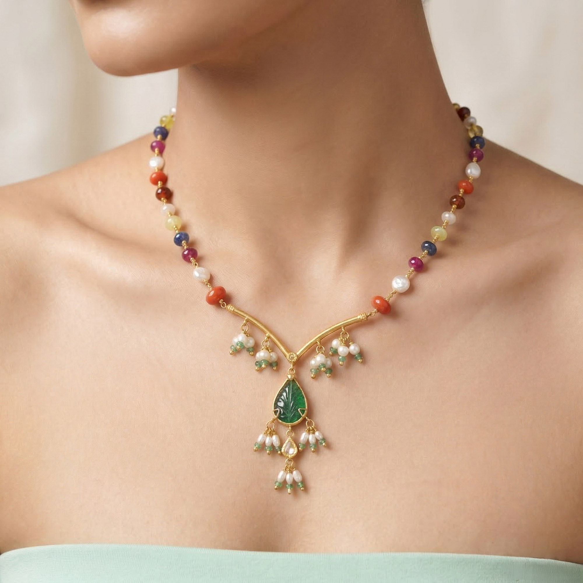 Navratna (Navaratna) Necklace in 22K Yellow Gold, 6.43 g thumbnail