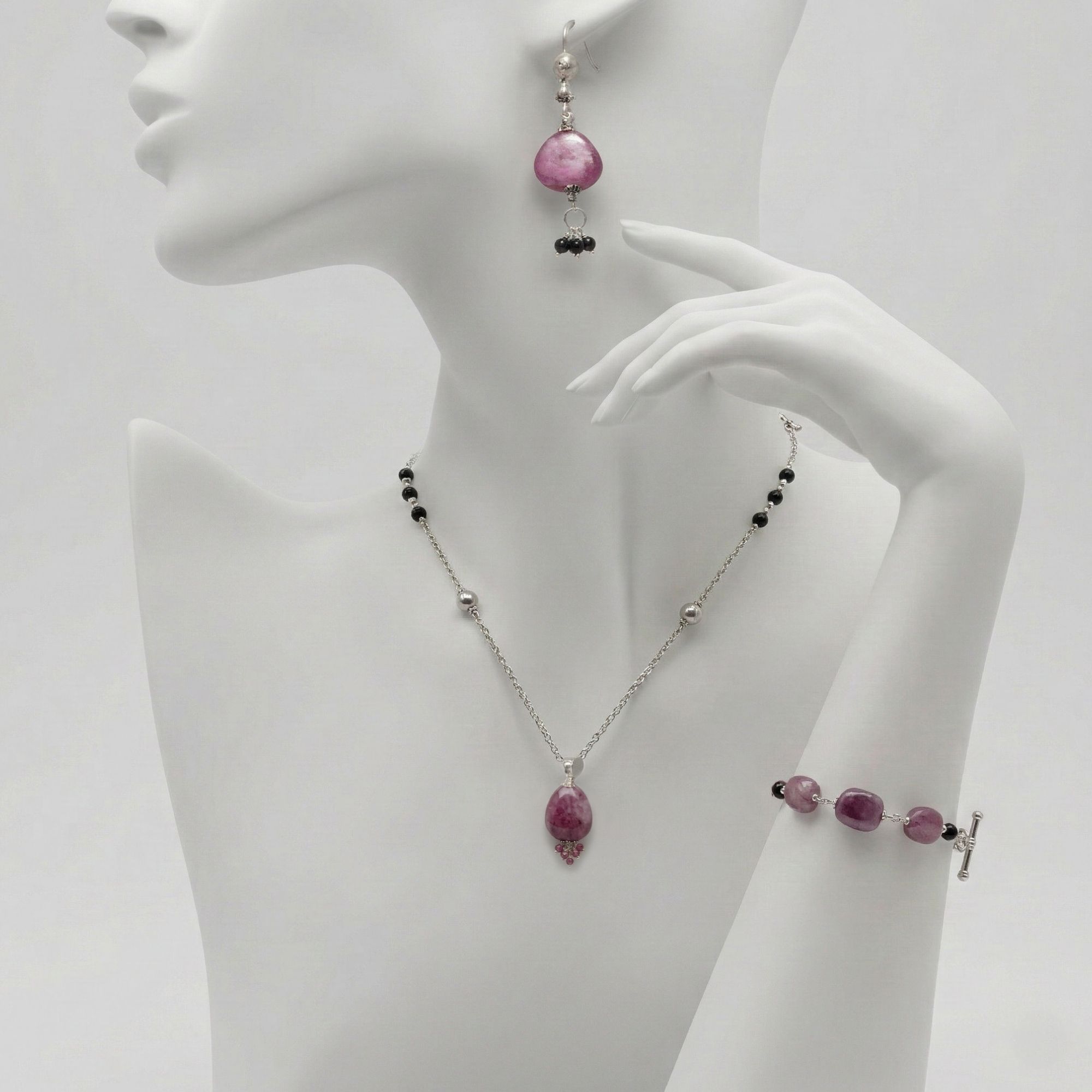 Ruby and Beadsnecklace Earring Bracelet Set in Silver (Design K5-121) thumbnail