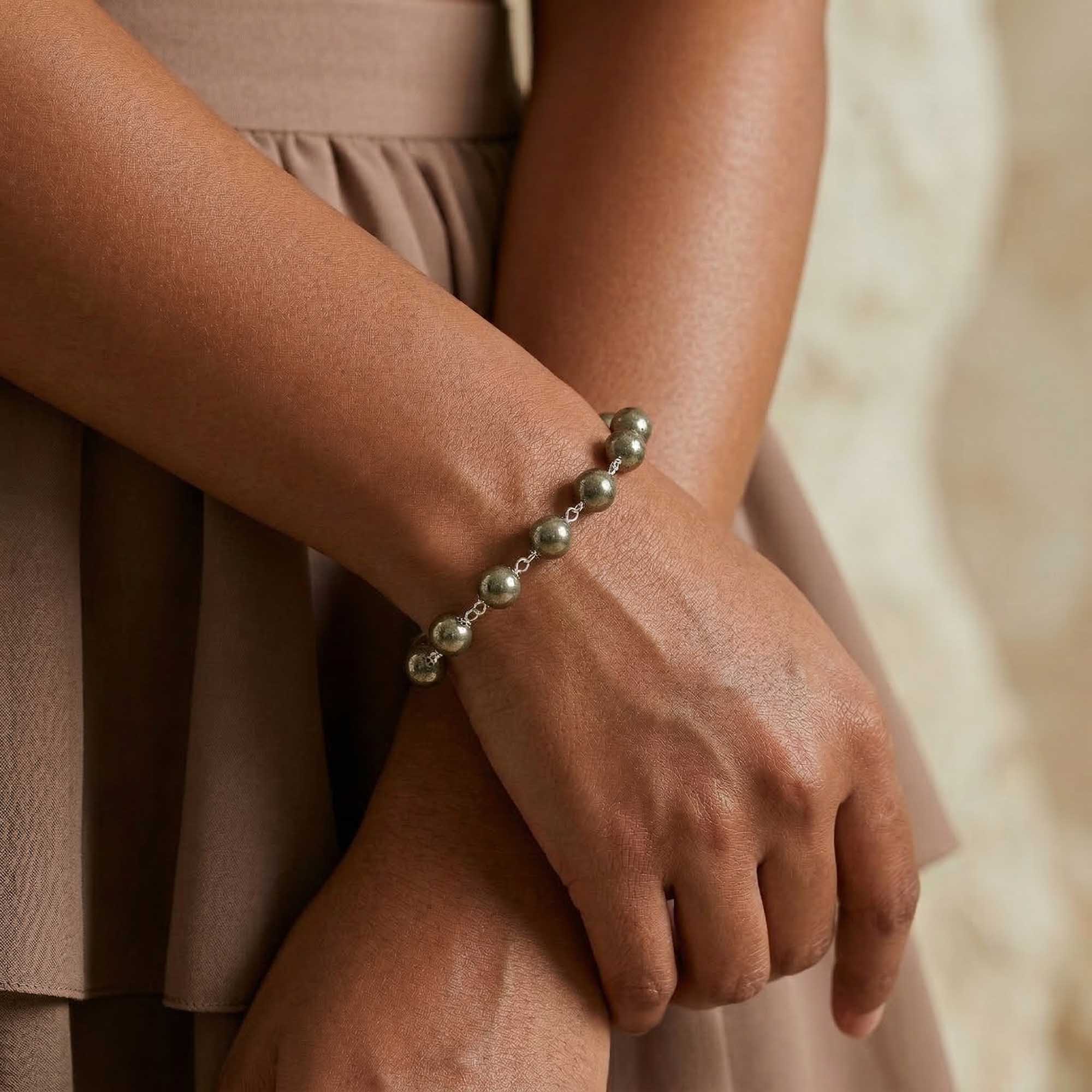 Pyrite Round Beads with Handmade Bracelet in Silver (Design K5-236) thumbnail