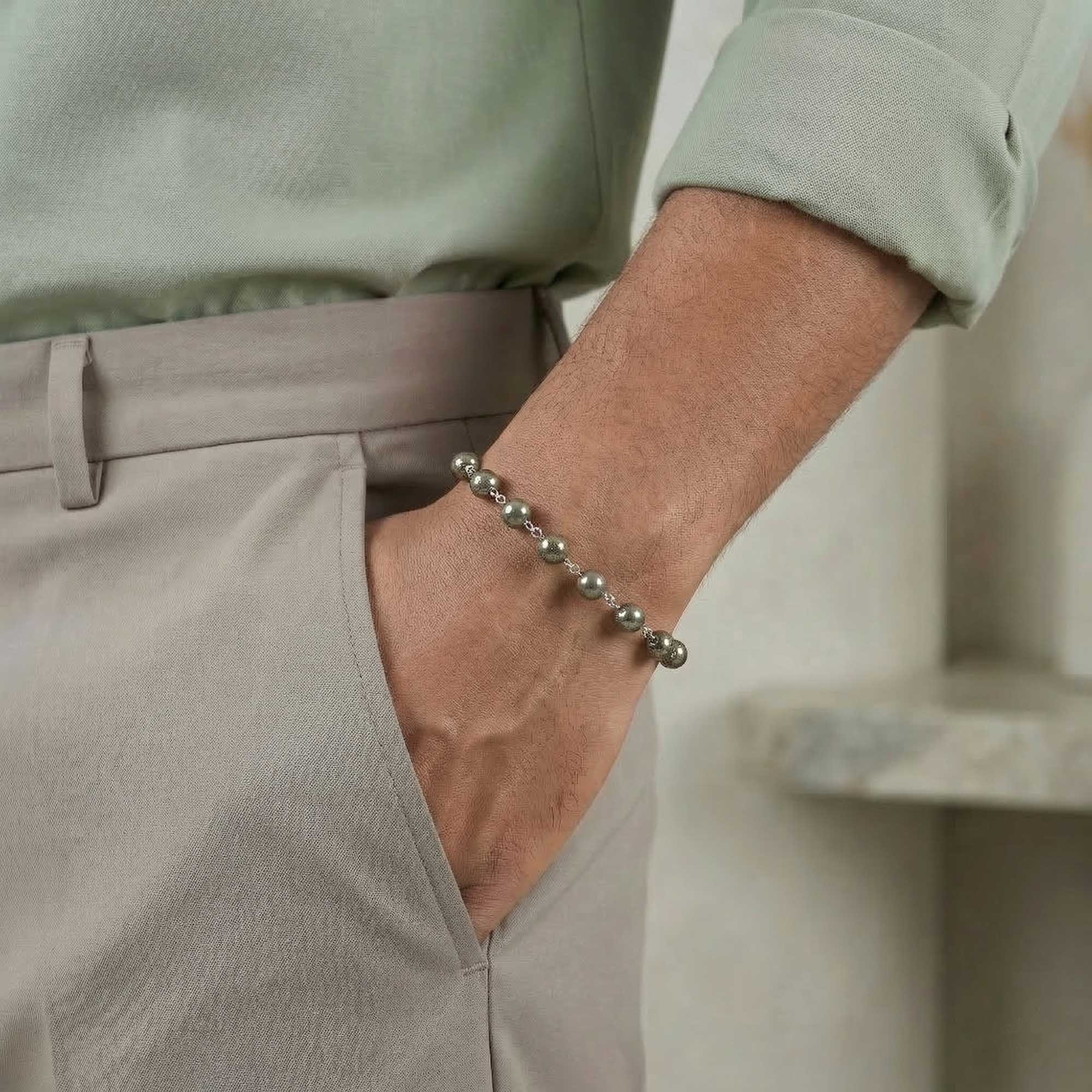 Pyrite Round Beads with Handmade Bracelet in Silver (Design K5-236) thumbnail