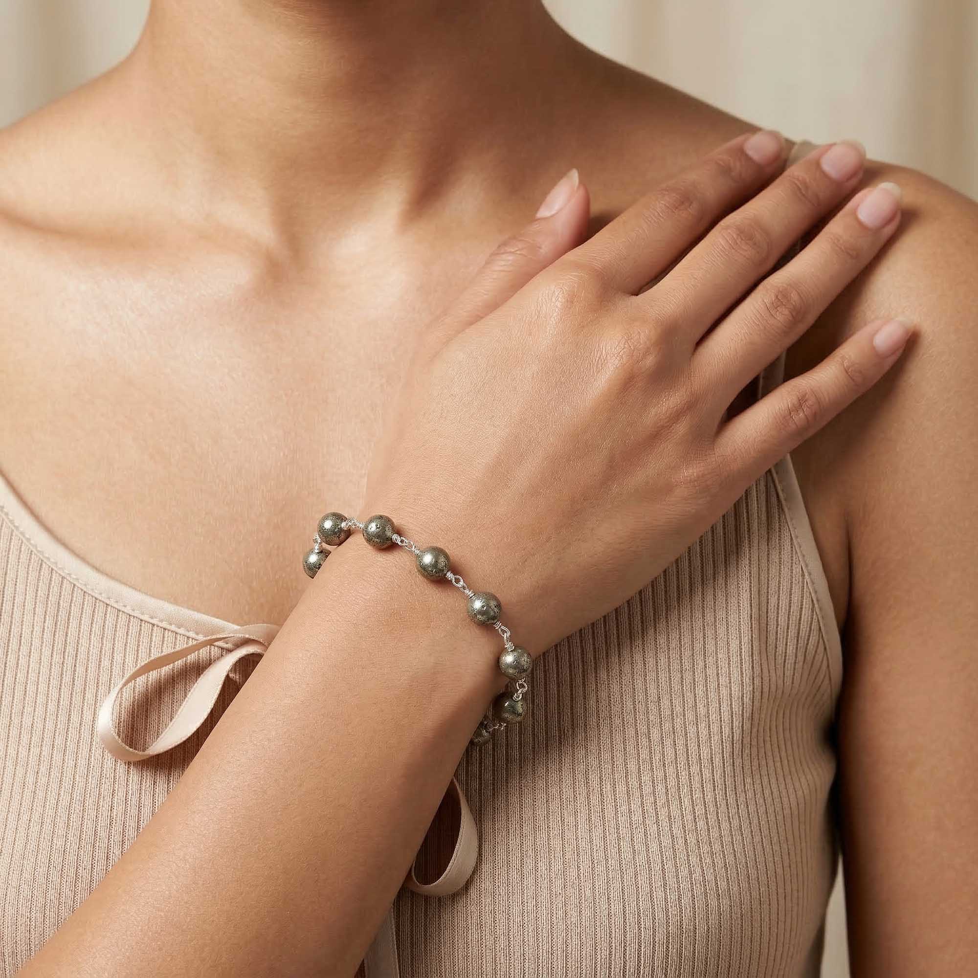 Pyrite Round Beads with Handmade Bracelet in Silver (Design K5-237) thumbnail