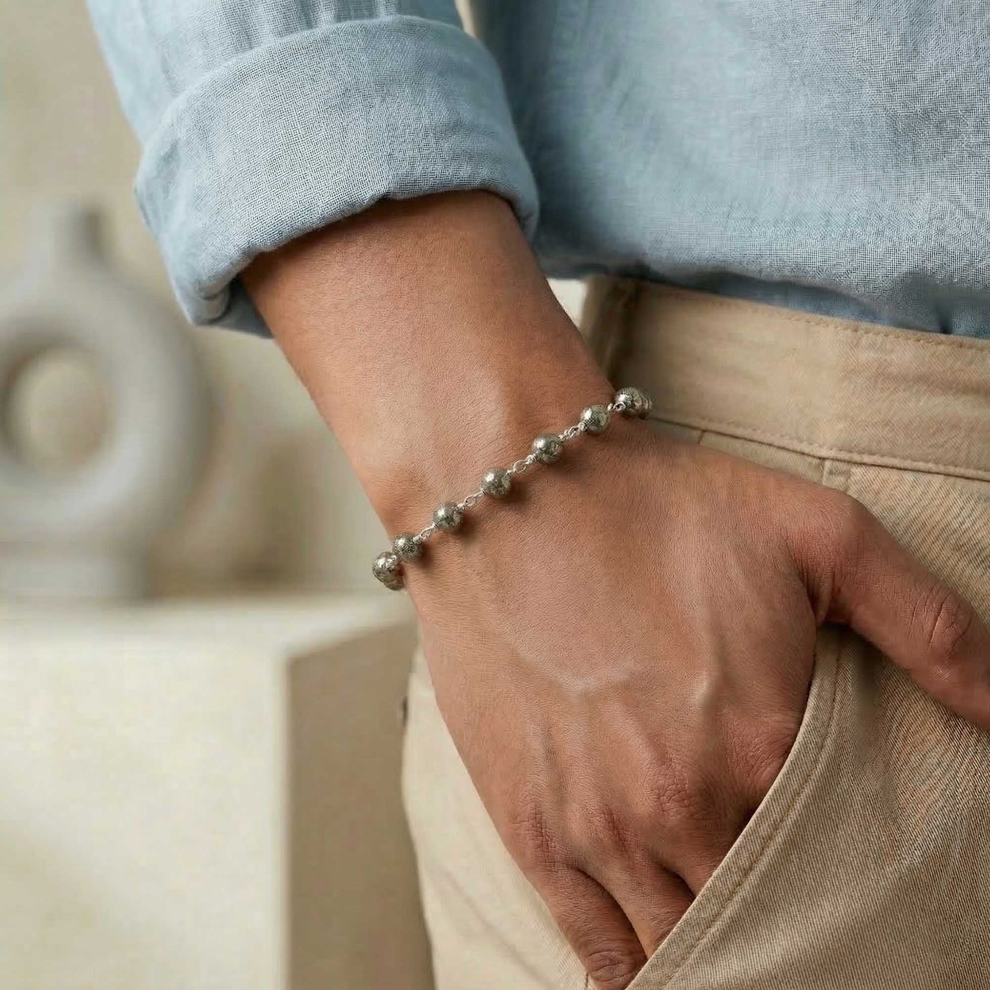 Pyrite Round Beads with Handmade Bracelet in Silver (Design K5-237) thumbnail