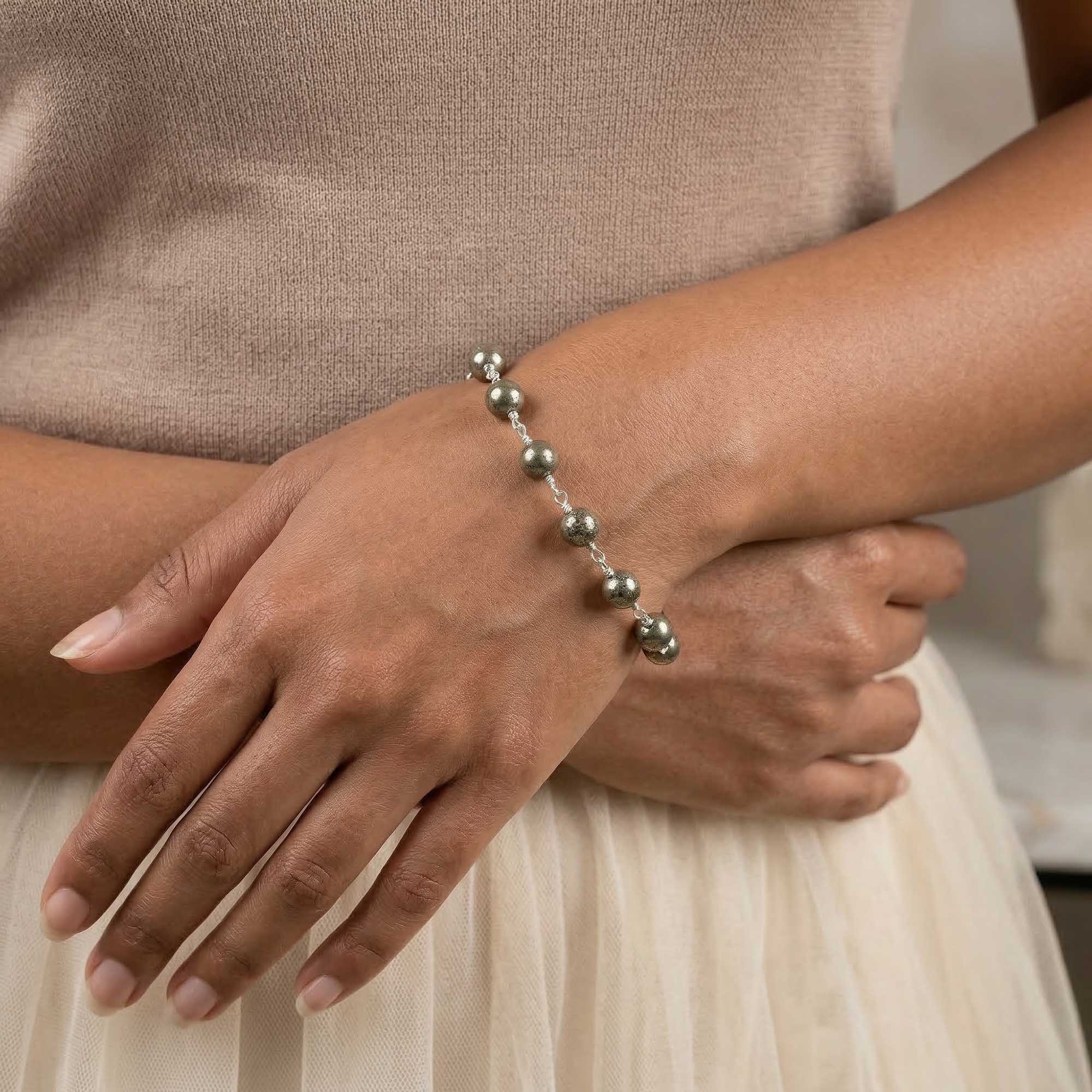 Pyrite Round Beads with Handmade Bracelet in Silver (Design K5-242) thumbnail