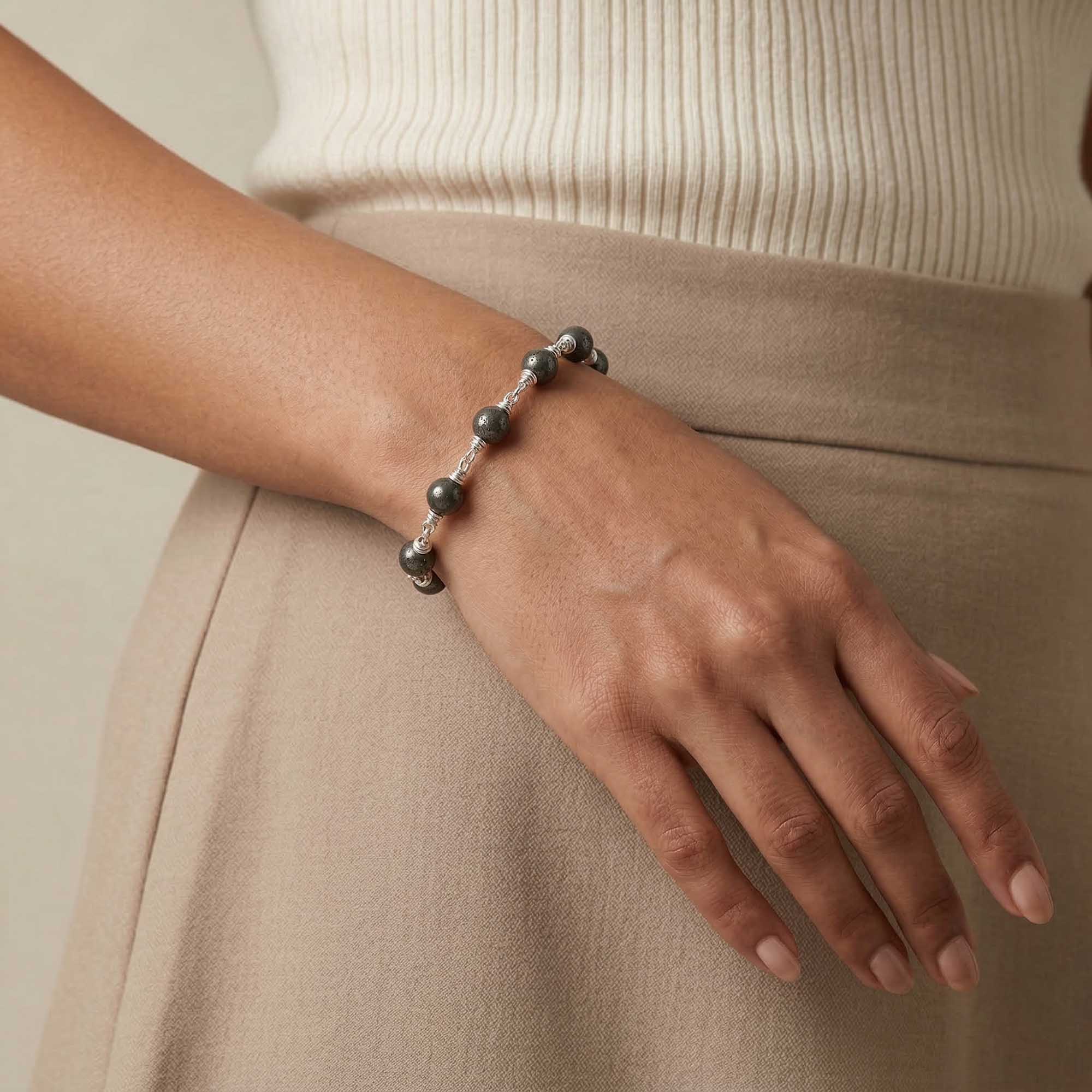 Pyrite Round Beads with Handmade Bracelet in Silver (Design K5-243) thumbnail