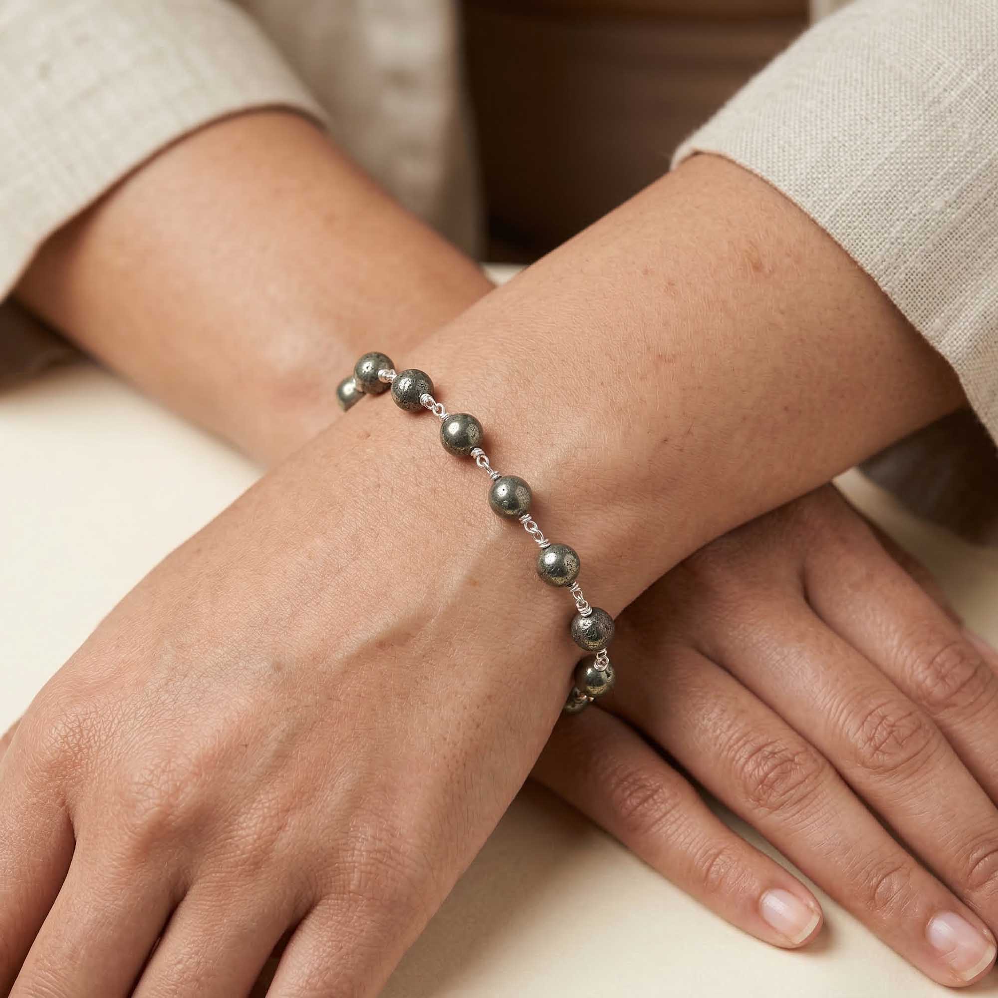 Pyrite Round Beads with Handmade Bracelet in Silver (Design K5-249) thumbnail