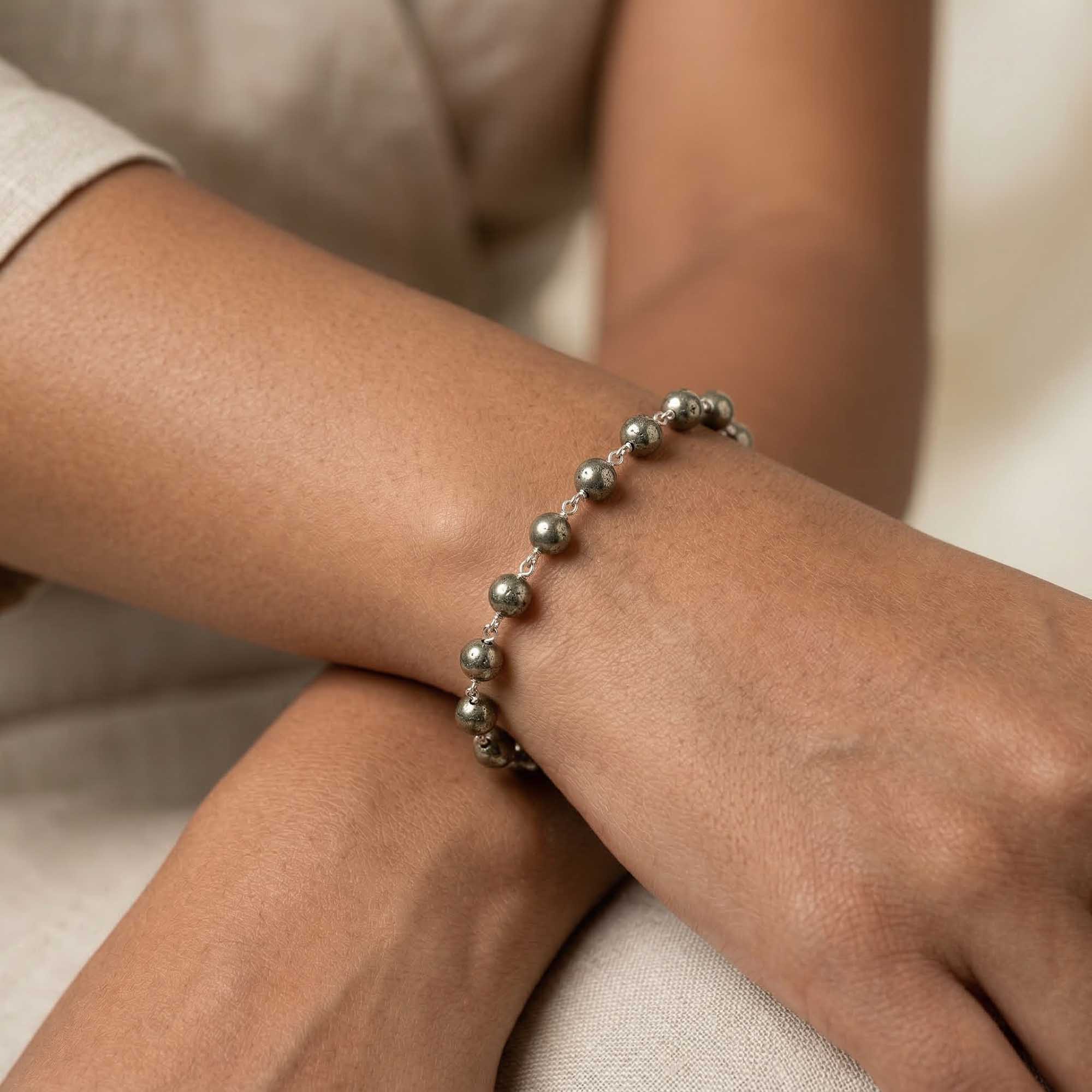 Pyrite Round Beads with Handmade Bracelet in Silver (Design K5-253) thumbnail