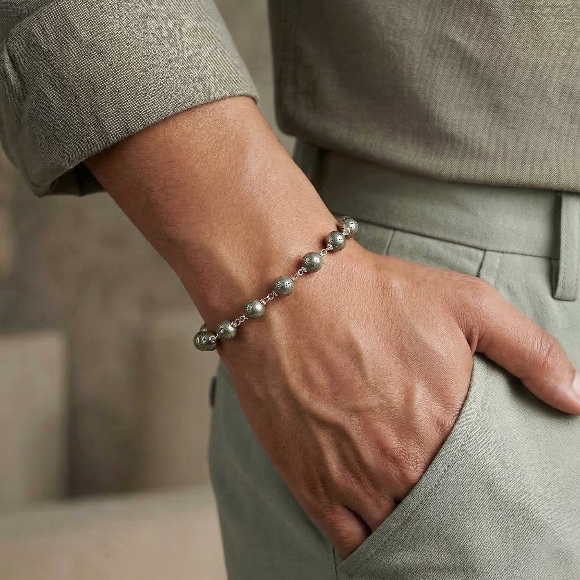 Pyrite Round Beads with Handmade Bracelet in Silver (Design K5-255) thumbnail