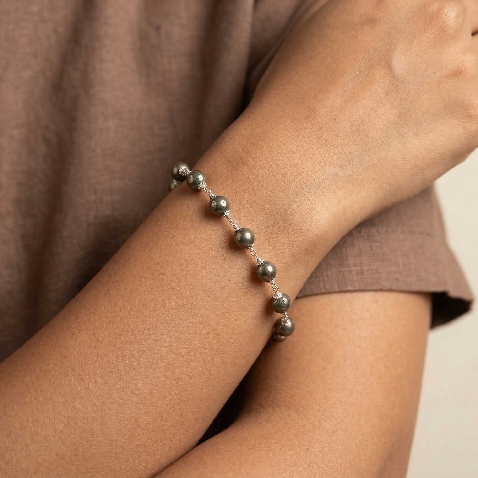 Pyrite Round Beads with Handmade Bracelet in Silver (Design K5-256) thumbnail