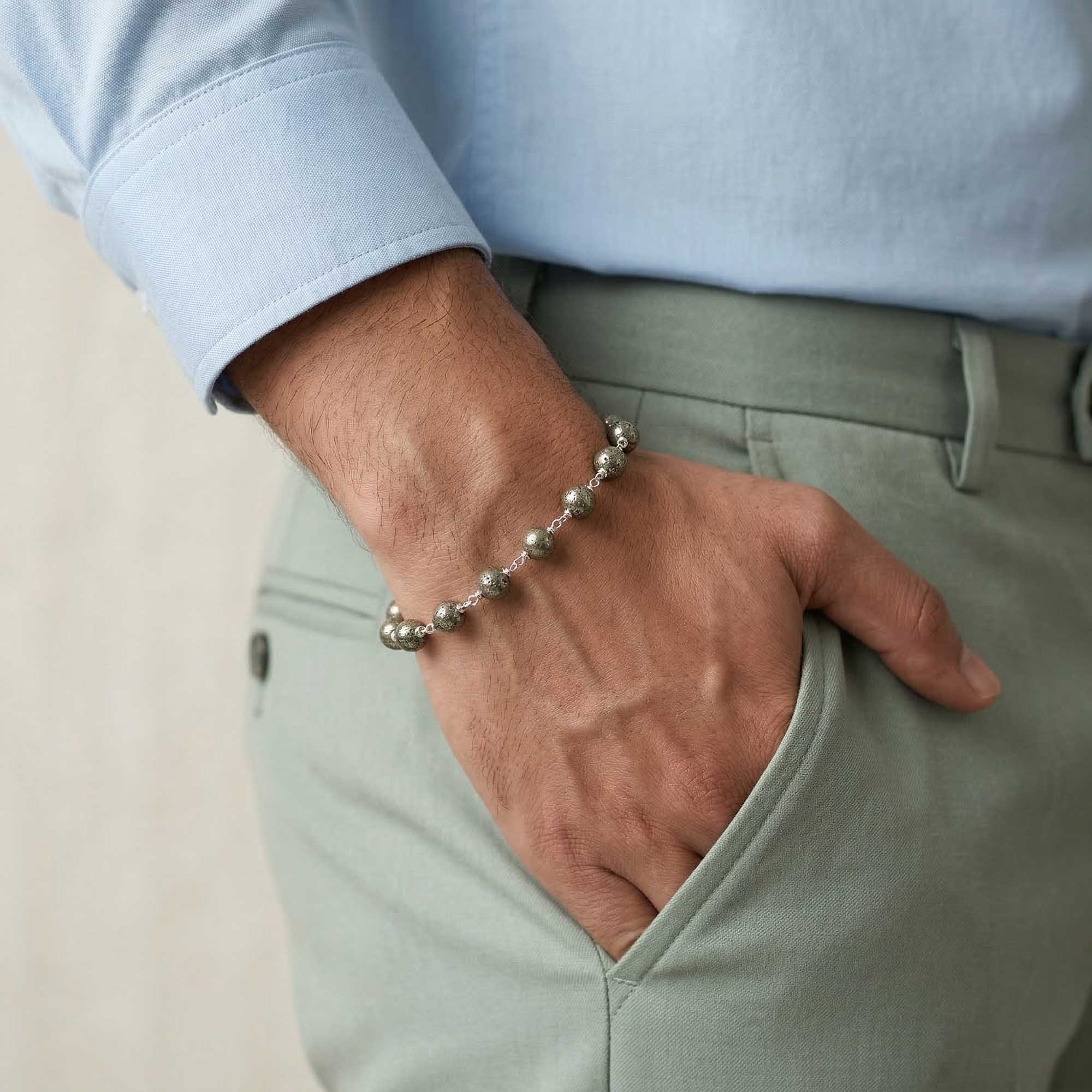 Pyrite Round Beads with Handmade Bracelet in Silver (Design K5-256) thumbnail
