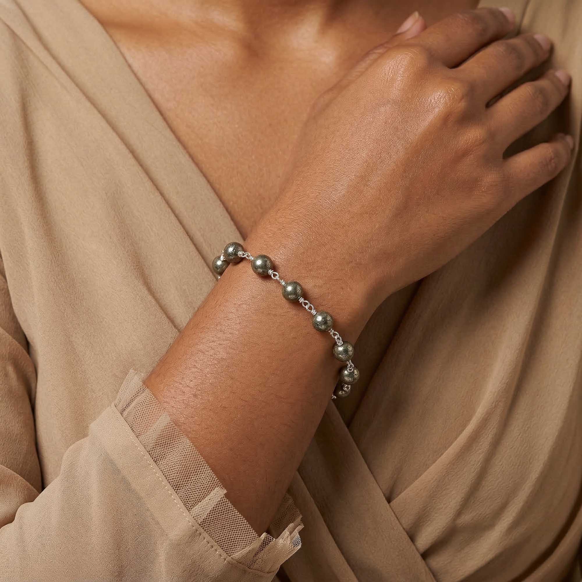 Pyrite Round Beads with Handmade Bracelet in Silver (Design K5-257) thumbnail