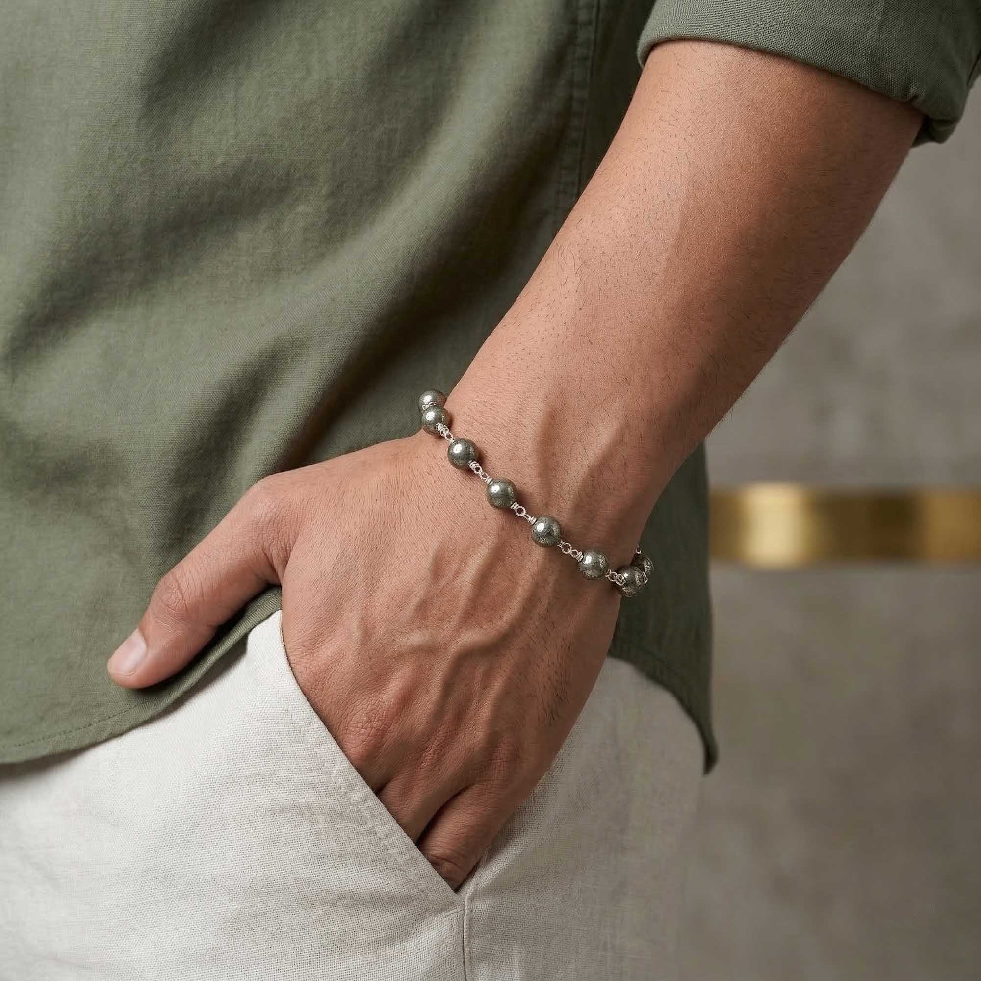 Pyrite Round Beads with Handmade Bracelet in Silver (Design K5-257) thumbnail