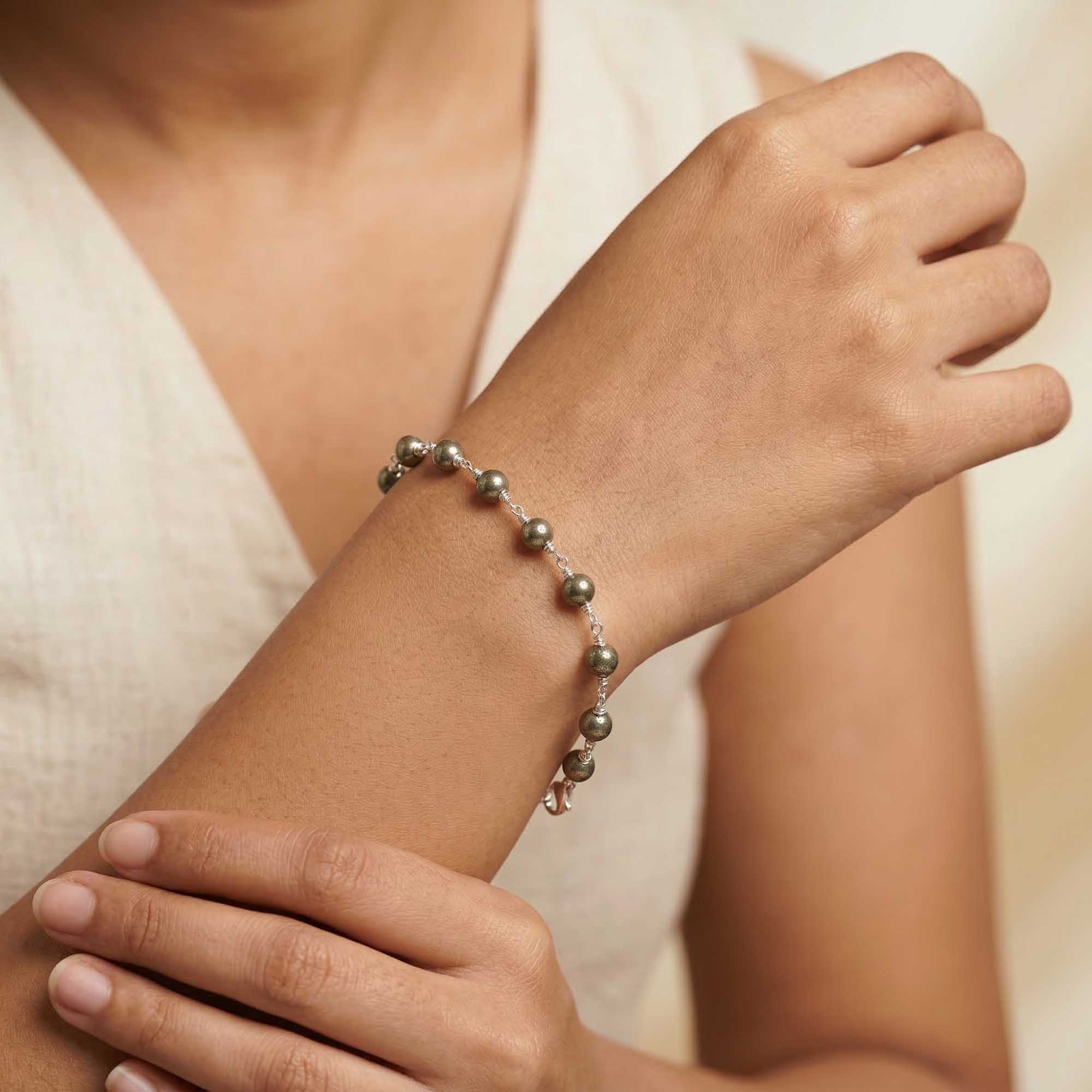 Pyrite Round Beads with Handmade Bracelet in Silver (Design K5-258) thumbnail