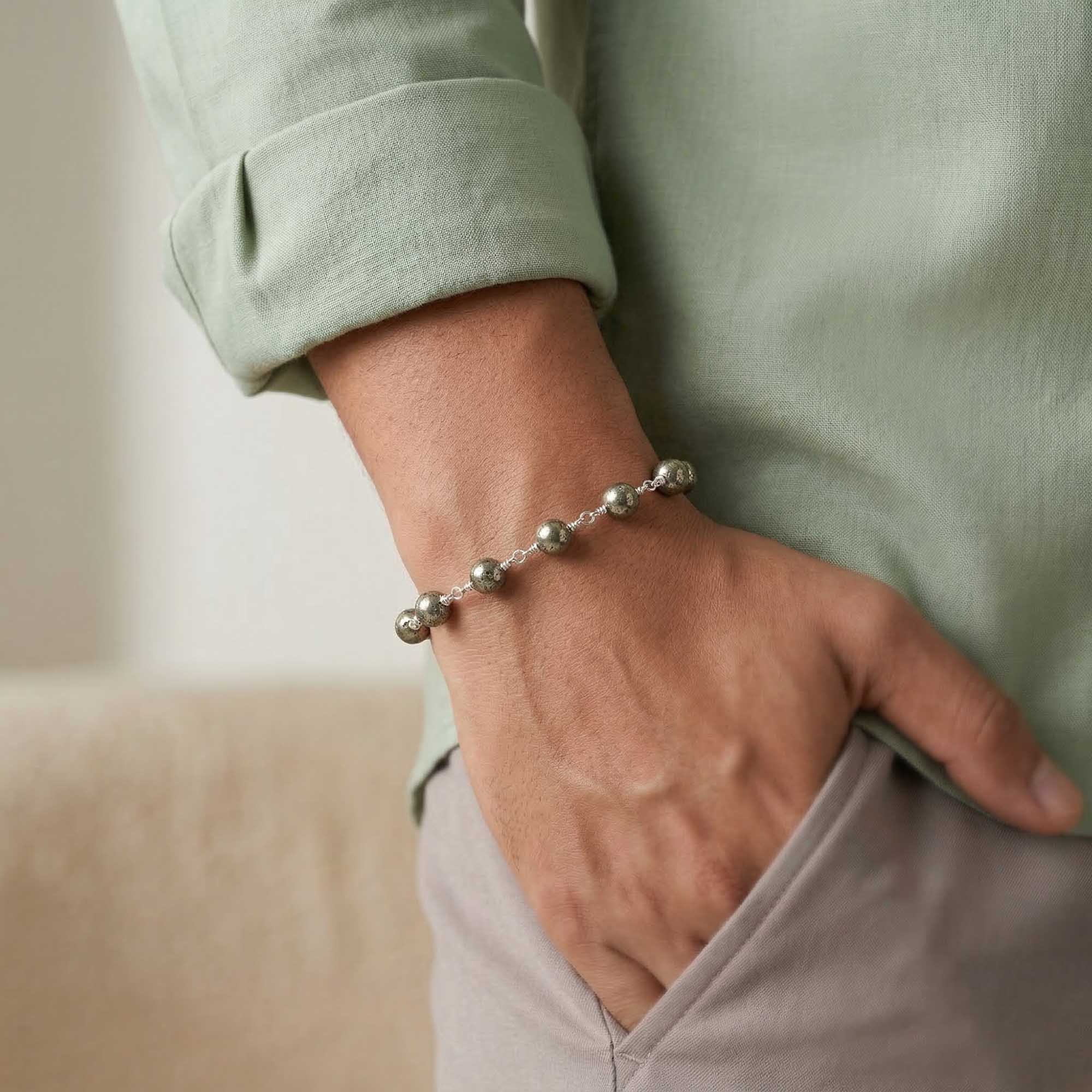 Pyrite Round Beads with Handmade Bracelet in Silver (Design K5-258) thumbnail