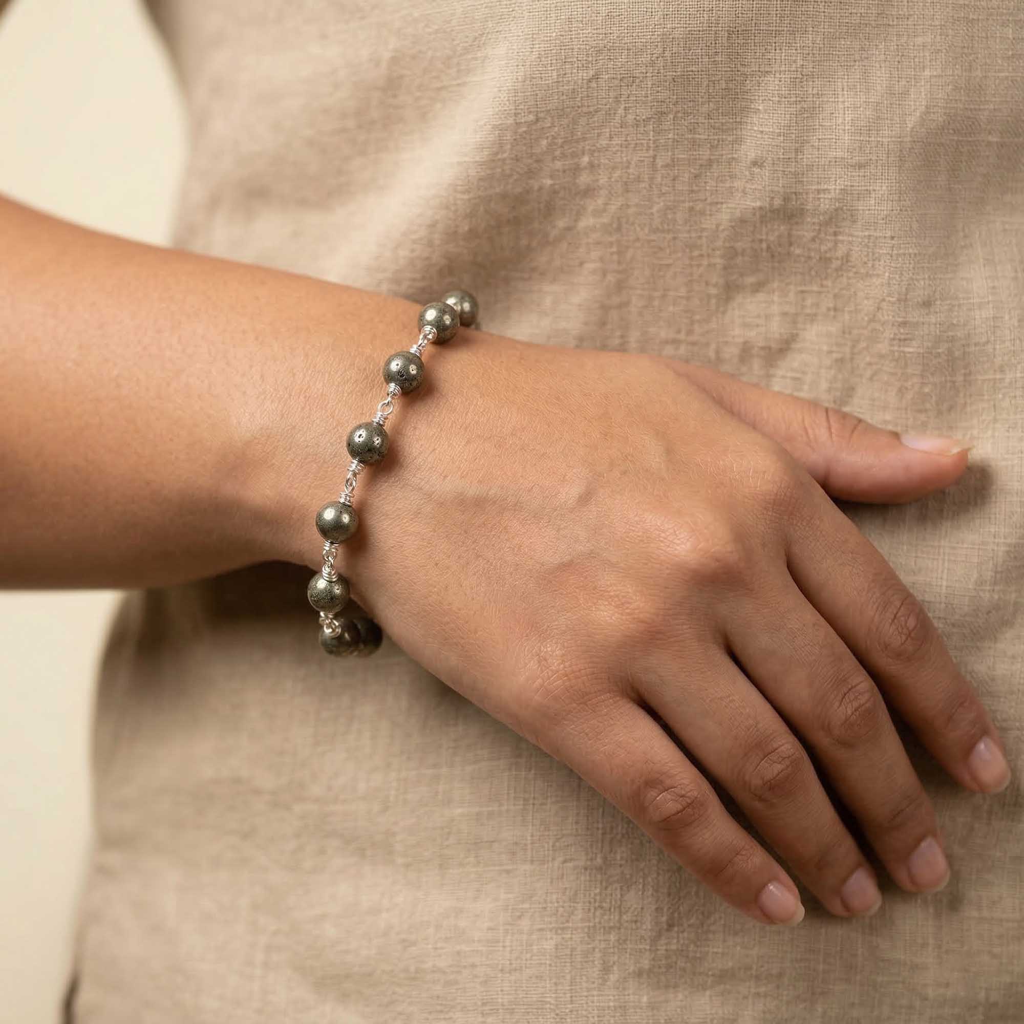 Pyrite Round Beads with Handmade Bracelet in Silver (Design K5-259) thumbnail