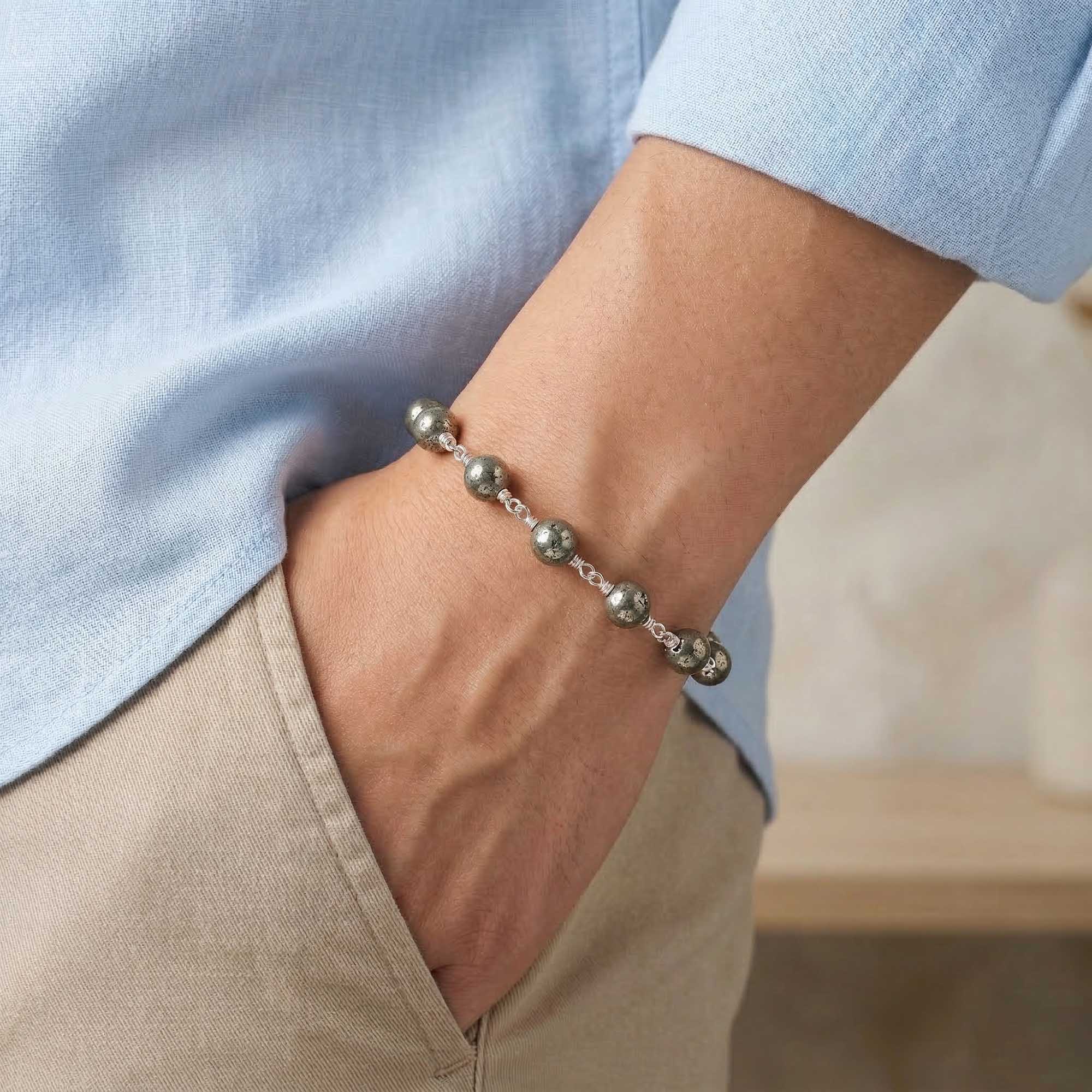 Pyrite Round Beads with Handmade Bracelet in Silver (Design K5-259) thumbnail