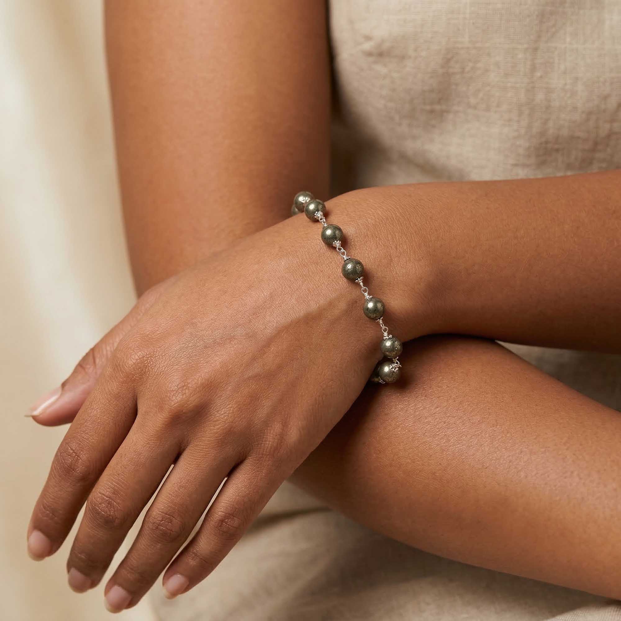 Pyrite Round Beads with Handmade Bracelet in Silver (Design K5-262) thumbnail