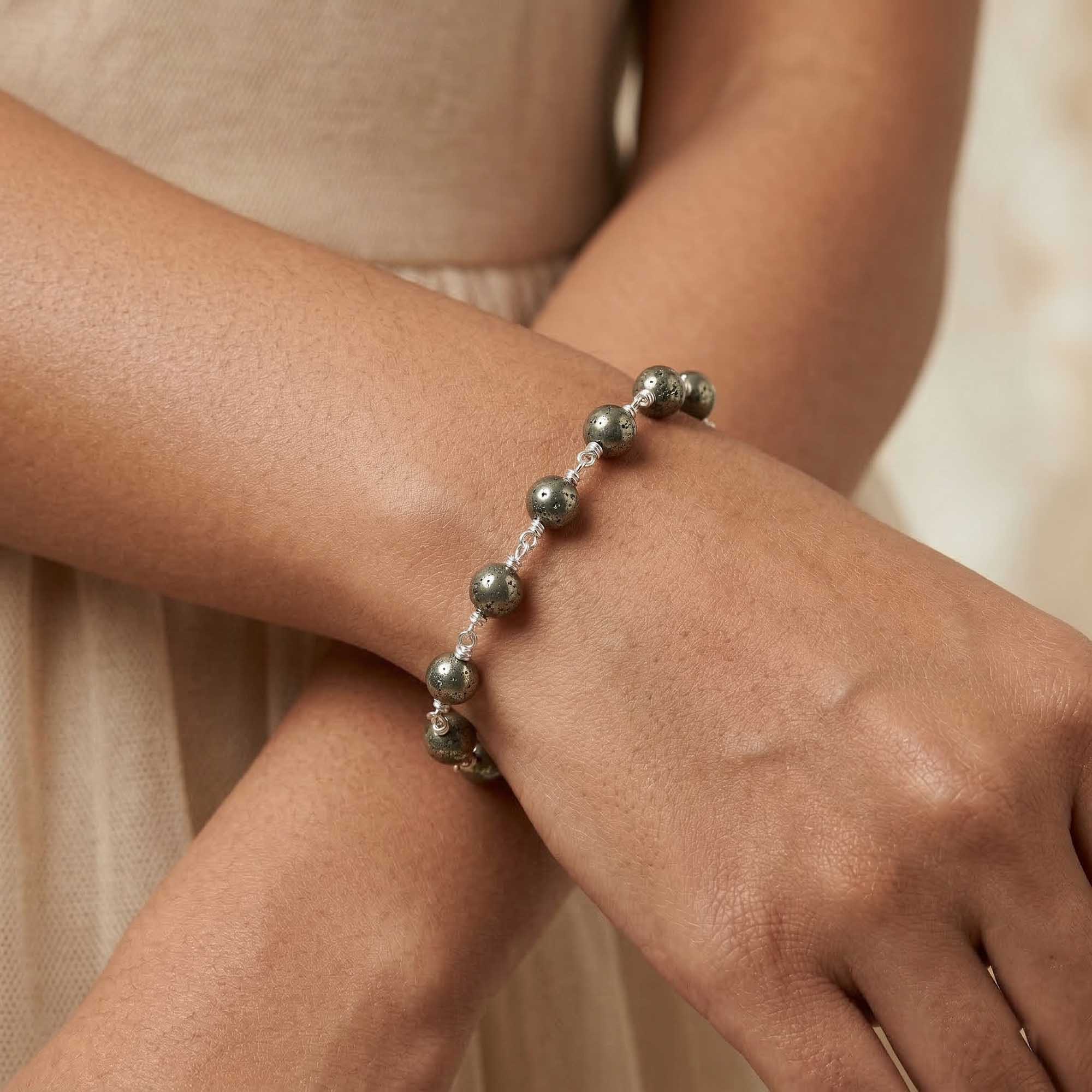 Pyrite Round Beads with Handmade Bracelet in Silver (Design K5-264) thumbnail