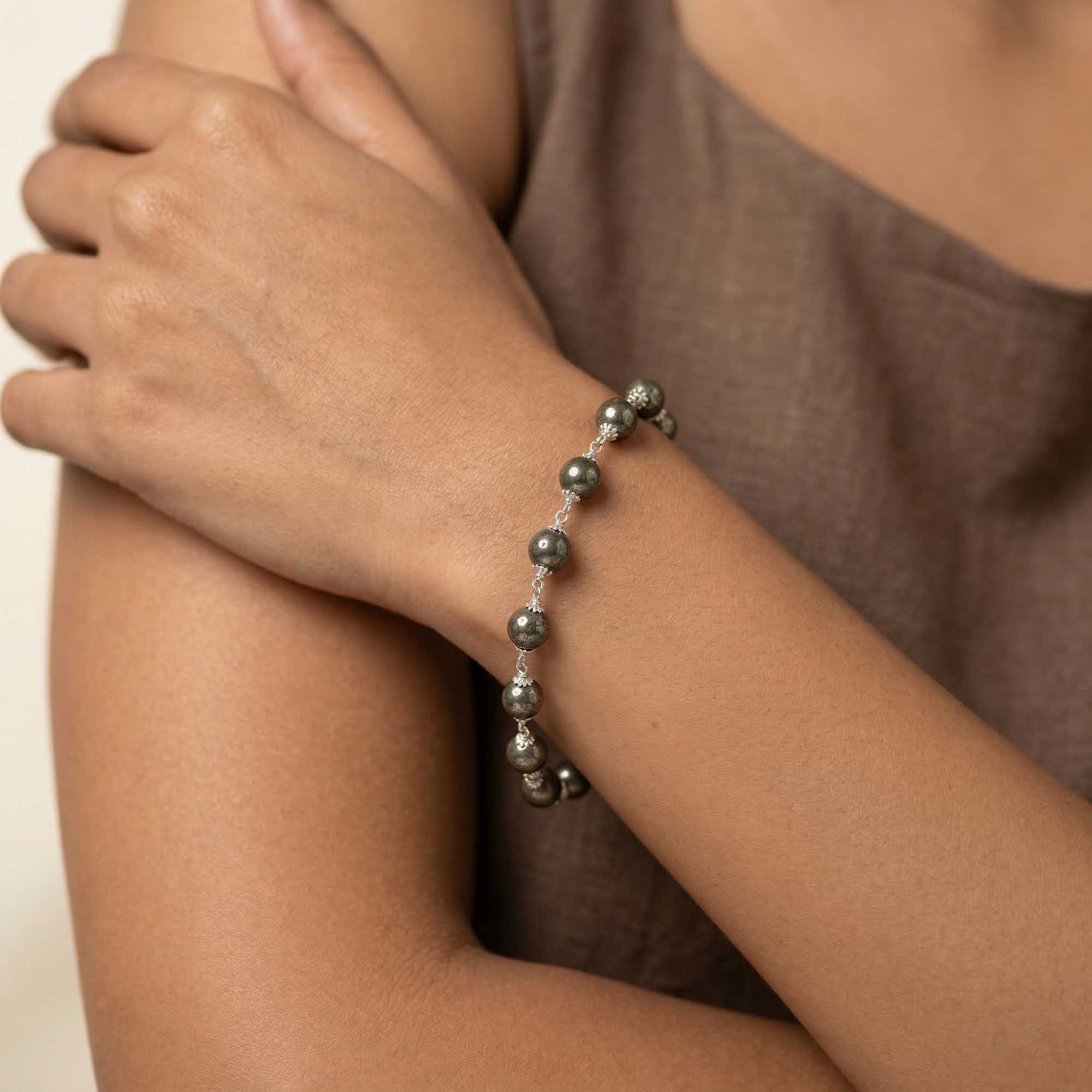 Pyrite Round Beads with Handmade Bracelet in Silver (Design K5-265) thumbnail