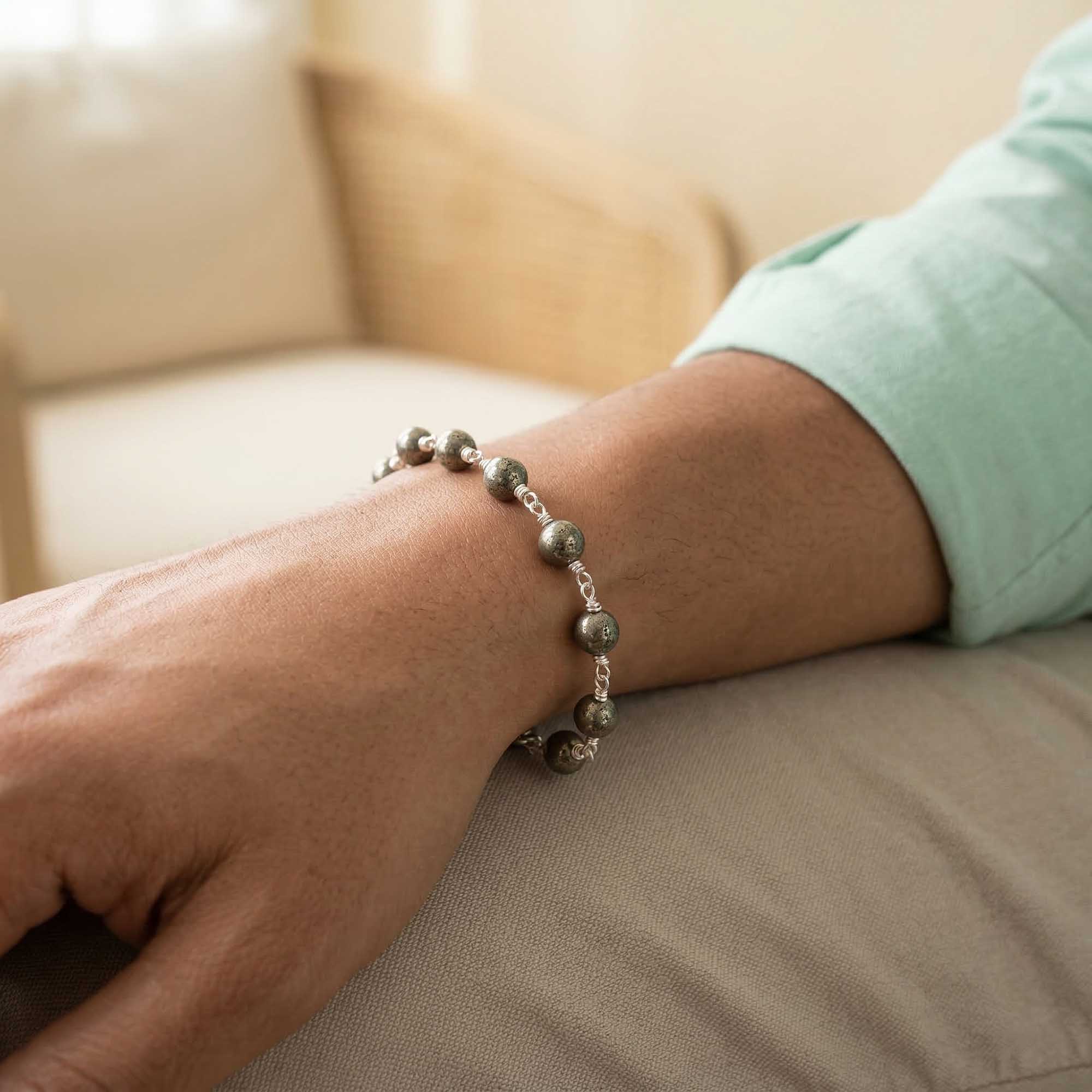 Pyrite Round Beads with Handmade Bracelet in Silver (Design K5-265) thumbnail