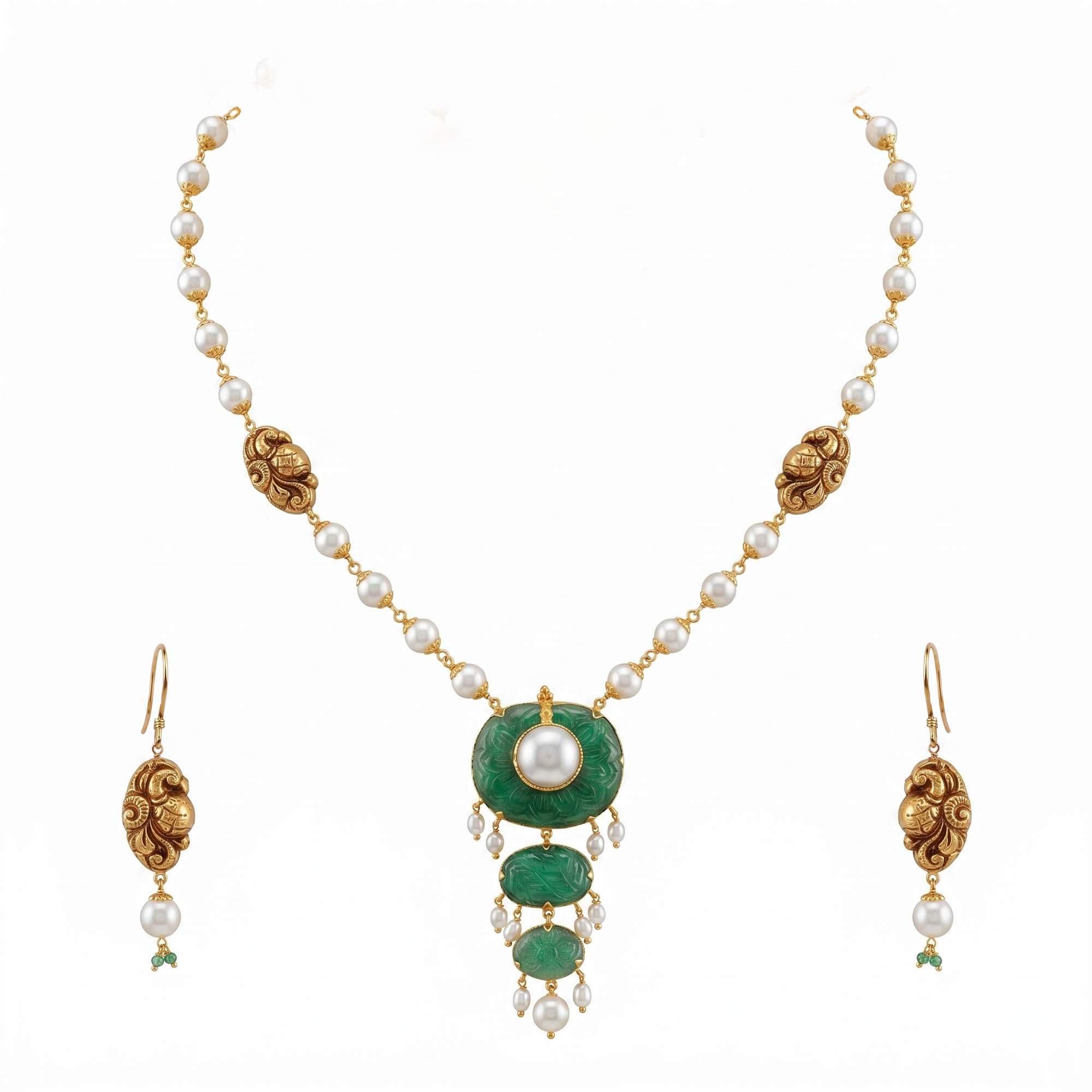Emerald Antique Necklace and Earring Set in 22K Yellow Gold – 15.67 g thumbnail