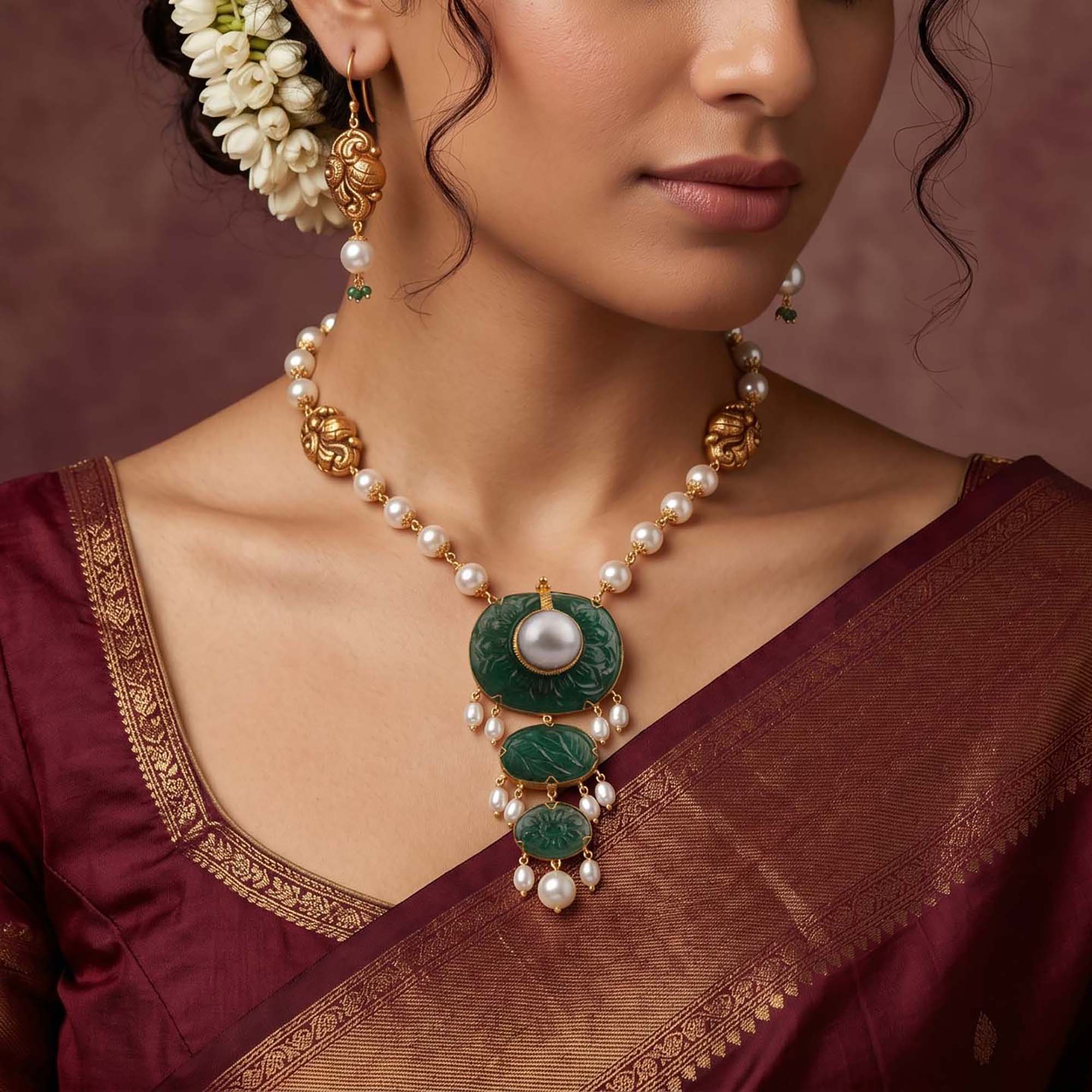 Emerald Antique Necklace and Earring Set in 22K Yellow Gold – 15.67 g thumbnail