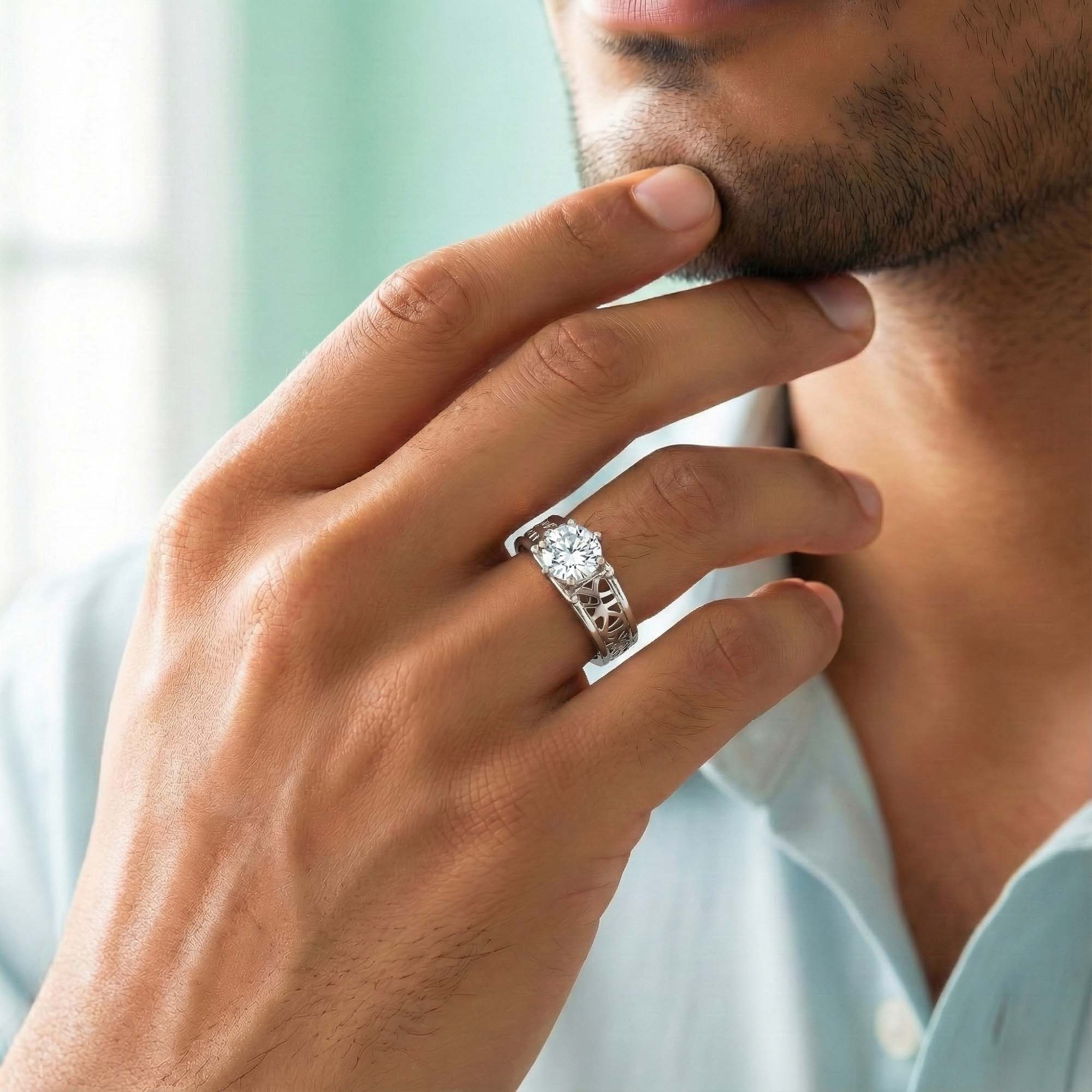Lab-Grown Diamond Solitaire Ring for Men in 18K White Gold – 0.5 Ct Round, 6 g (Design K8-40-APGAA) thumbnail