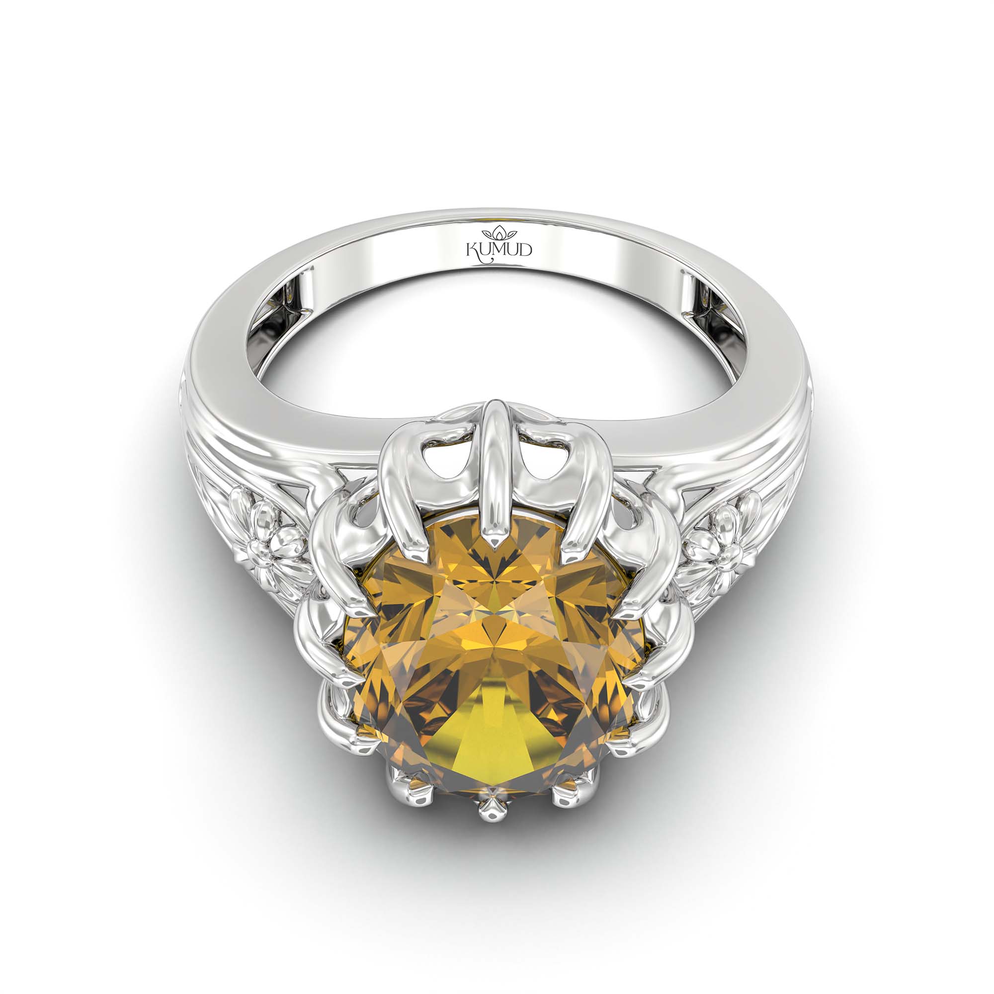 Yellow Sapphire (Pukhraj) Ring for Men in 18K White Gold – Oval 14x11 mm, Prong Setting, 10 g (Design K12-1) thumbnail