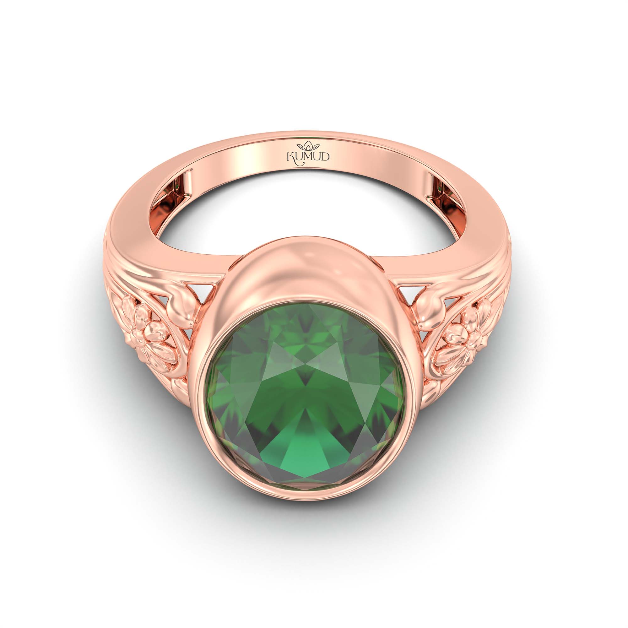 Emerald (Panna) Ring for Men in 18K Rose Gold – Oval 14x11 mm, Bezel Setting, 10 g (Design K12-1) thumbnail
