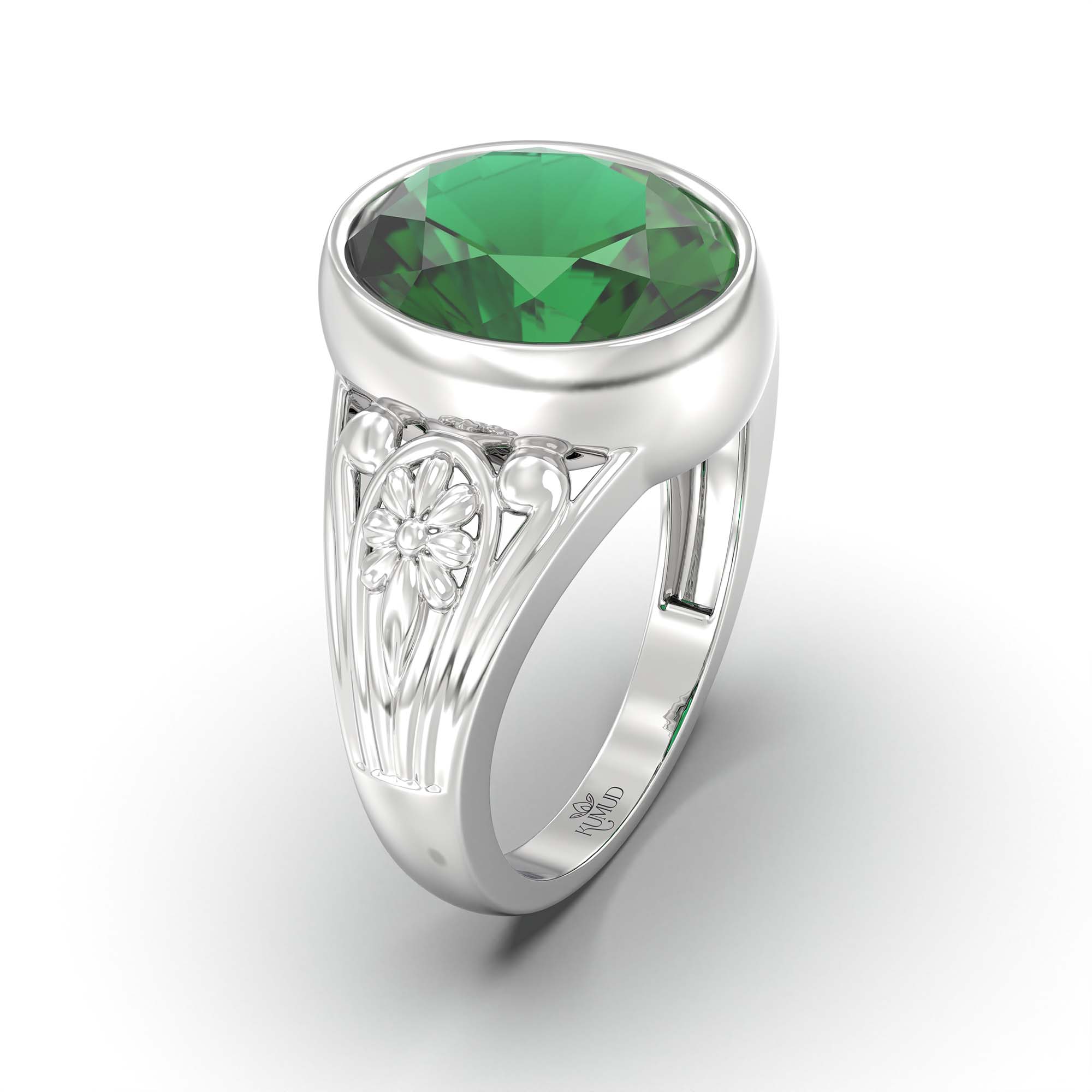 Emerald (Panna) Ring for Men in 18K White Gold – Oval 14x11 mm, Bezel Setting, 10 g (Design K12-1) thumbnail
