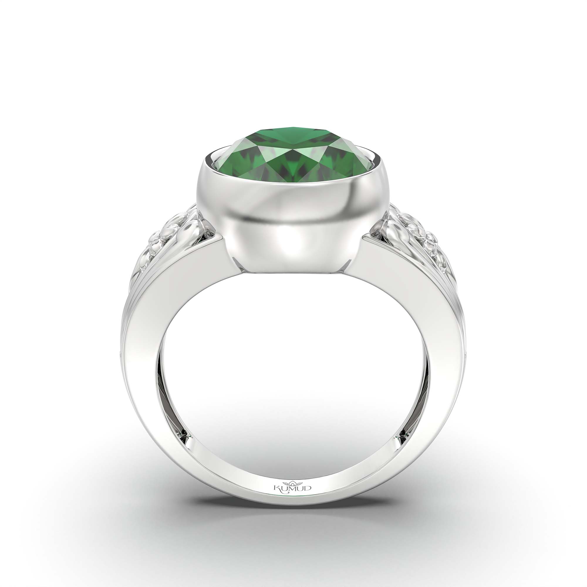 Emerald (Panna) Ring for Men in 18K White Gold – Oval 14x11 mm, Bezel Setting, 10 g (Design K12-1) thumbnail