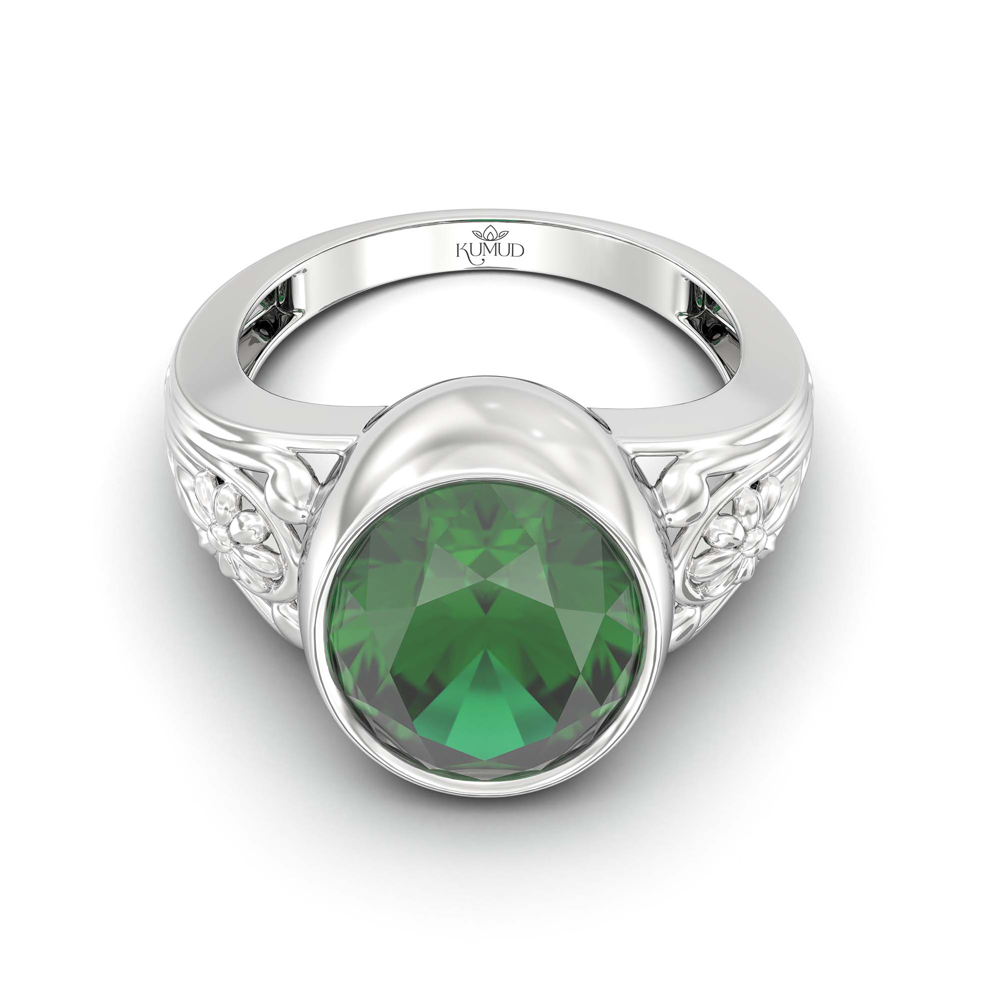 Emerald (Panna) Ring for Men in 18K White Gold – Oval 14x11 mm, Bezel Setting, 10 g (Design K12-1) thumbnail