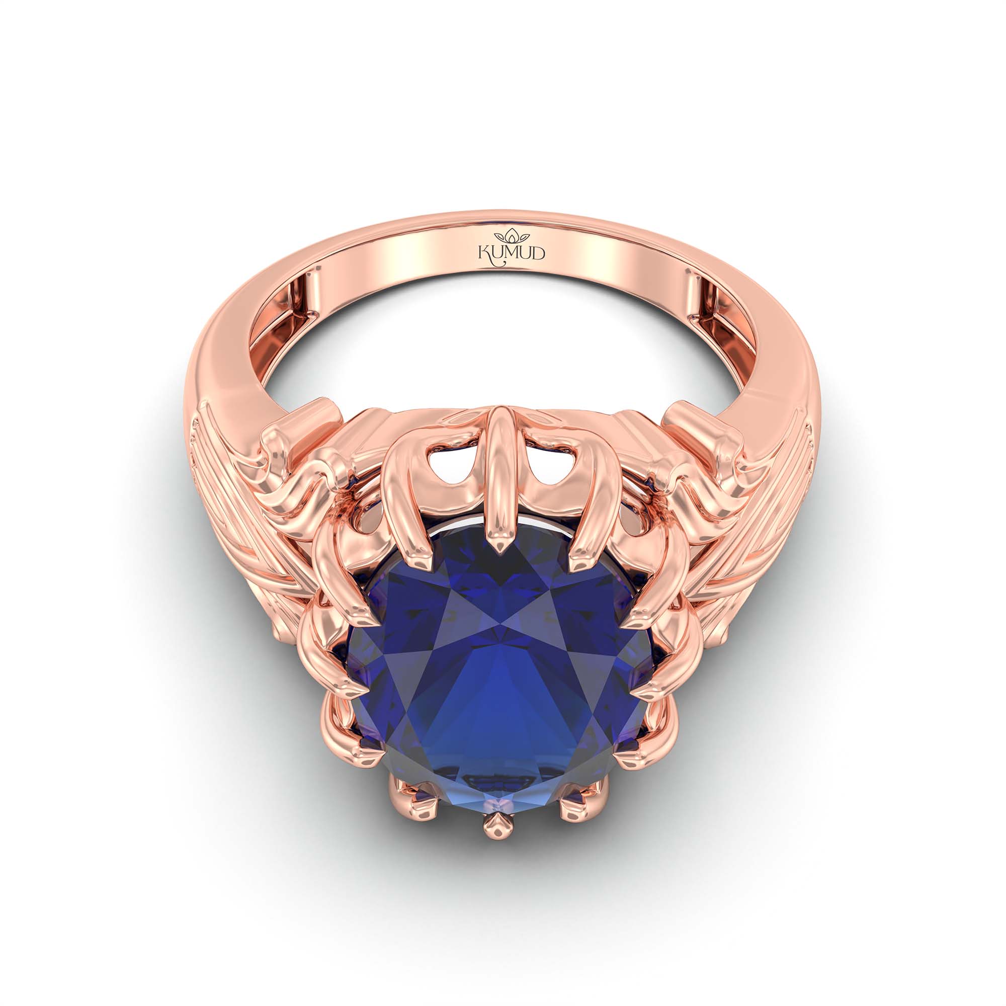 Blue Sapphire (Neelam) Ring for Men in 18K Rose Gold – Oval 14x11 mm, Prong Setting, 9 g (Design K12-2) thumbnail