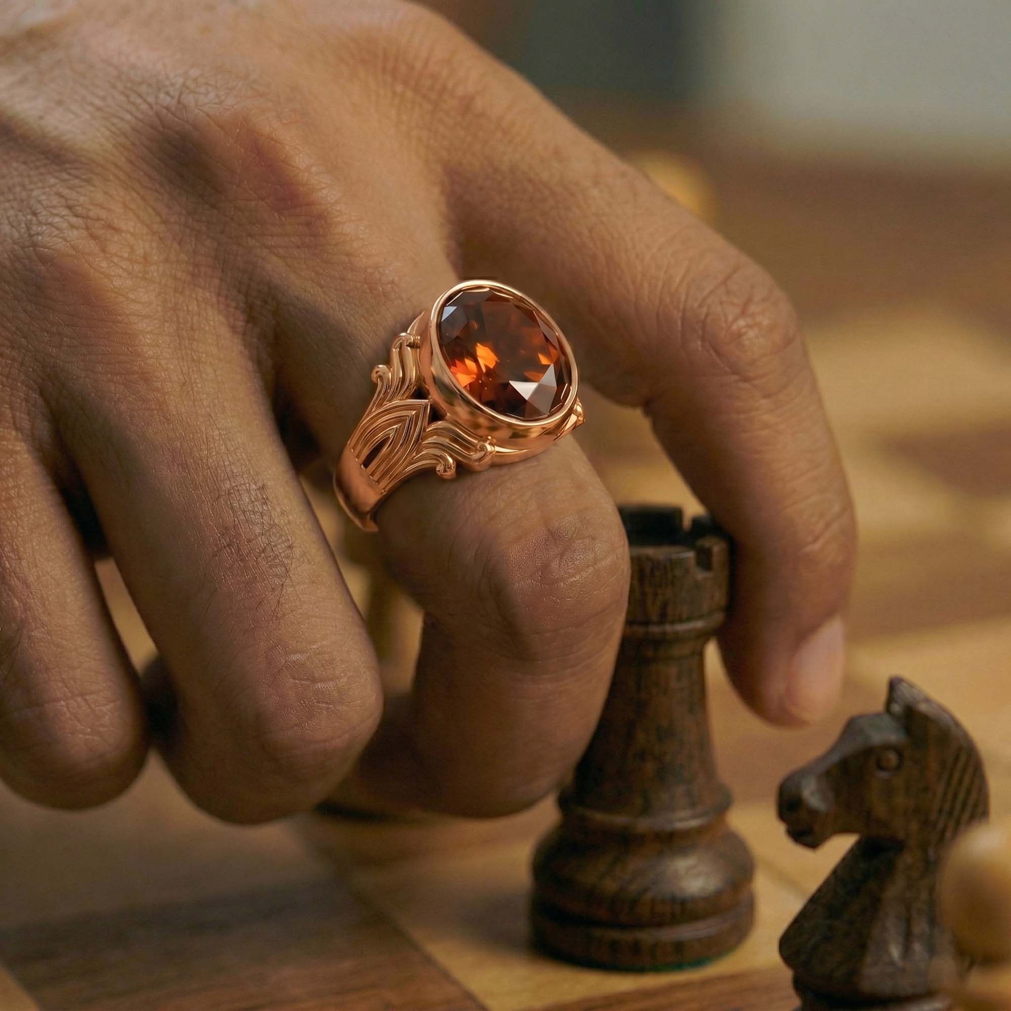 Hessonite (Gomed) Ring for Men in 18K Rose Gold – Oval 14x11 mm, Bezel Setting, 11 g thumbnail