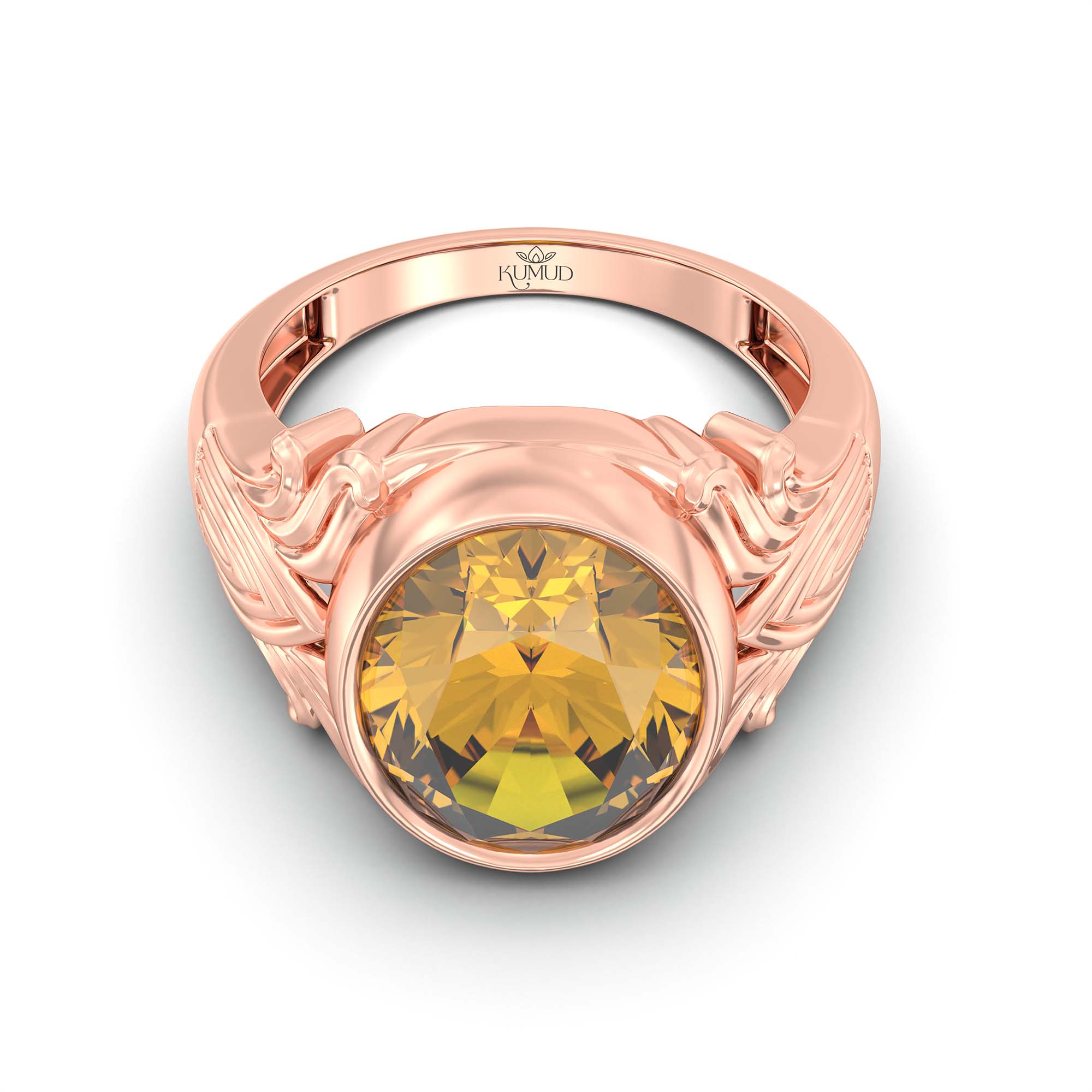 Yellow Sapphire (Pukhraj) Ring for Men in 18K Rose Gold – Oval 14x11 mm, Bezel Setting, 11 g thumbnail