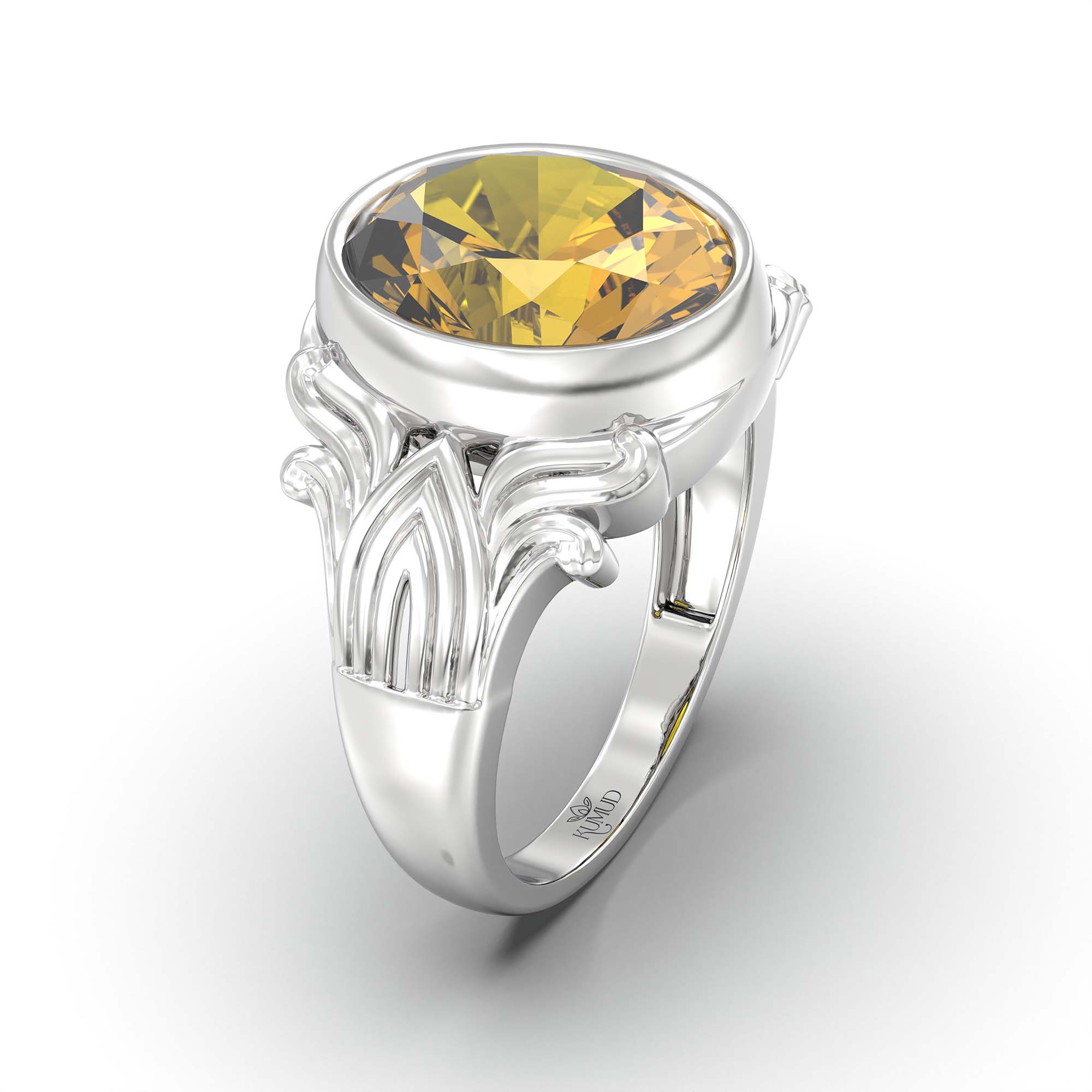 Yellow Sapphire (Pukhraj) Ring for Men in 18K White Gold – Oval 14x11 mm, Bezel Setting, 11 g thumbnail