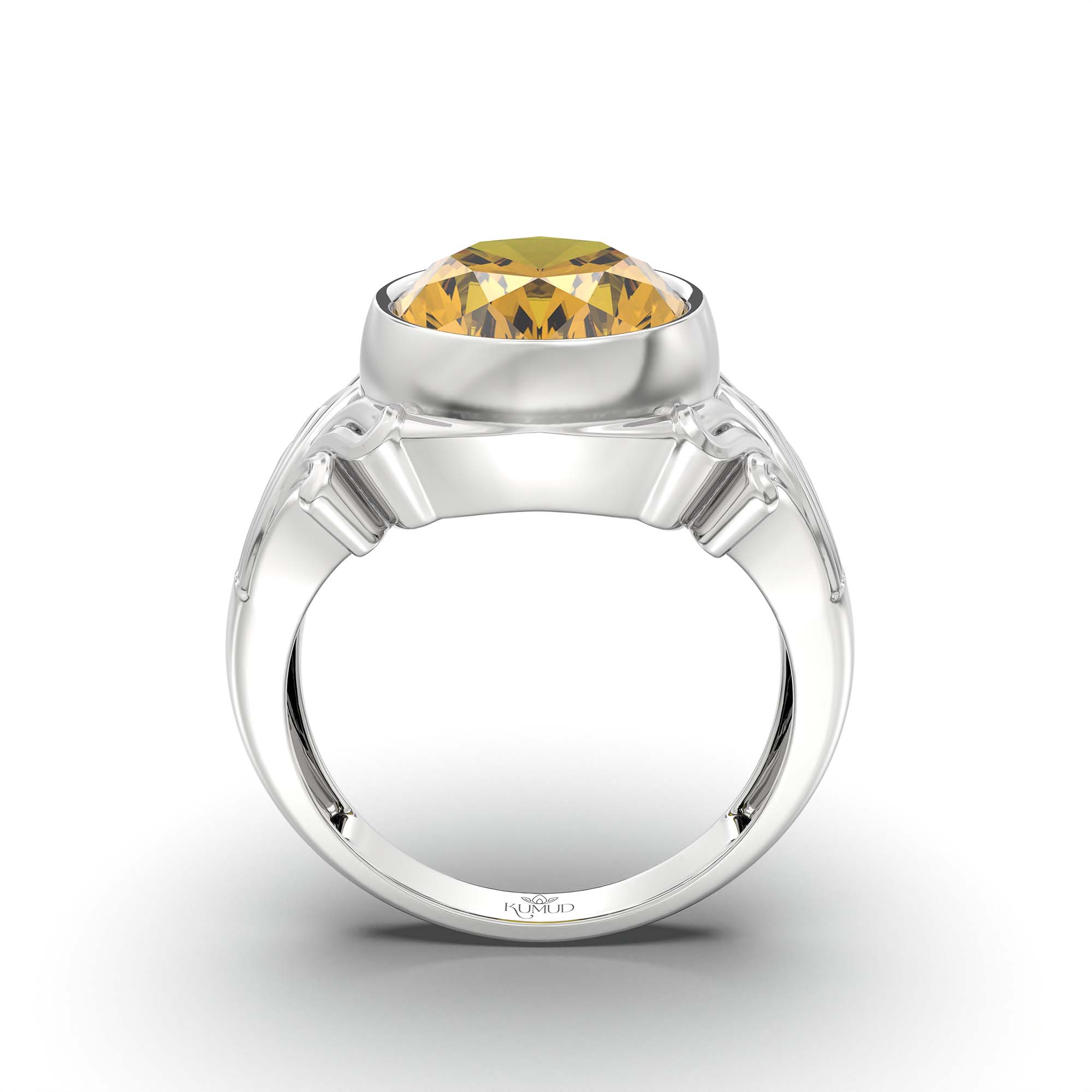 Yellow Sapphire (Pukhraj) Ring for Men in 18K White Gold – Oval 14x11 mm, Bezel Setting, 11 g thumbnail