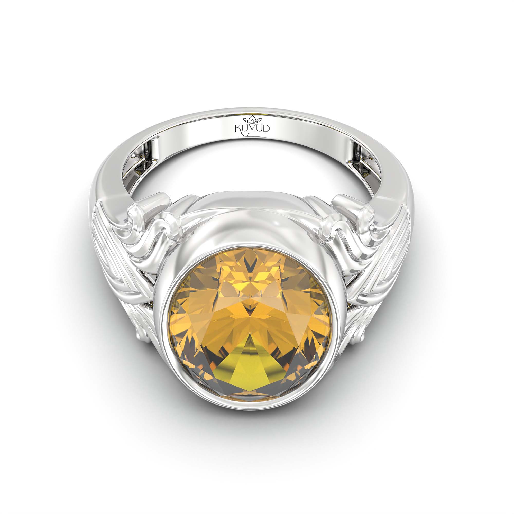 Yellow Sapphire (Pukhraj) Ring for Men in 18K White Gold – Oval 14x11 mm, Bezel Setting, 11 g thumbnail