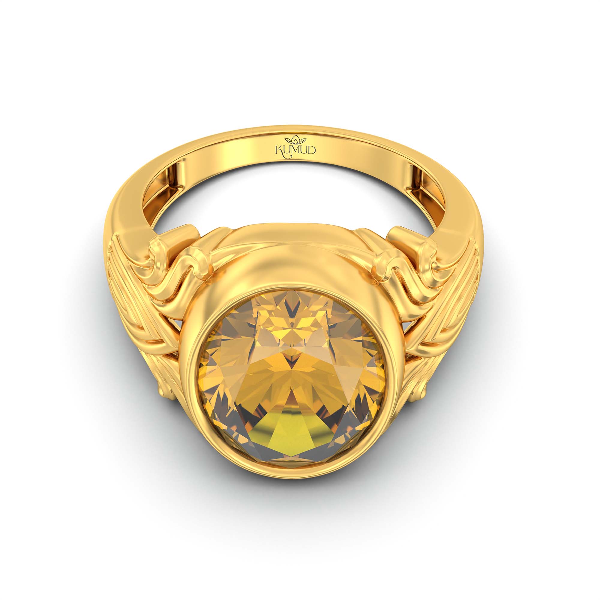 Yellow Sapphire (Pukhraj) Ring for Men in 22K Yellow Gold – Oval 14x11 mm, Bezel Setting, 11 g thumbnail