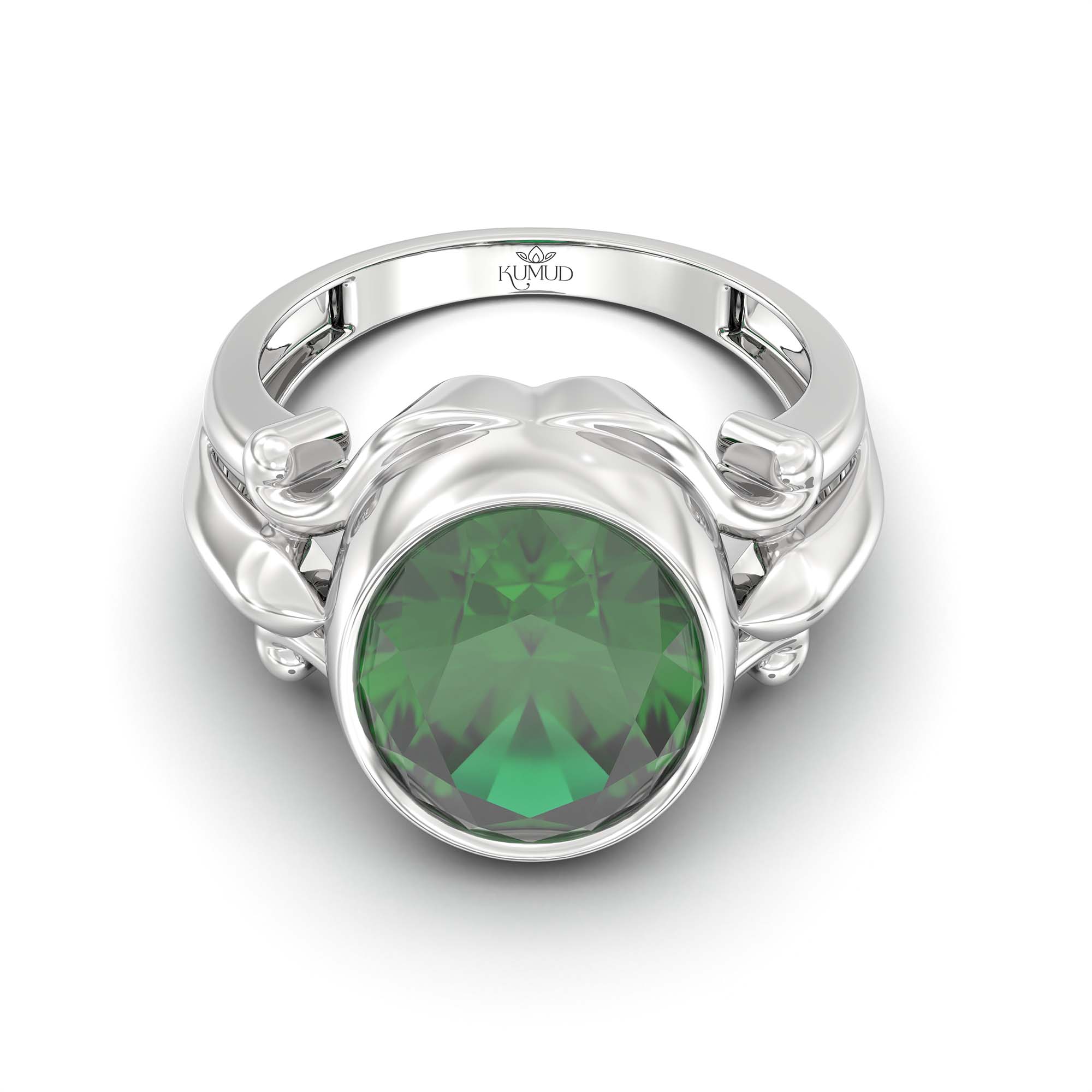 Emerald (Panna) Ring for Men in 18K White Gold – Oval 14x11 mm, Bezel Setting, 10 g (Design K12-3) thumbnail