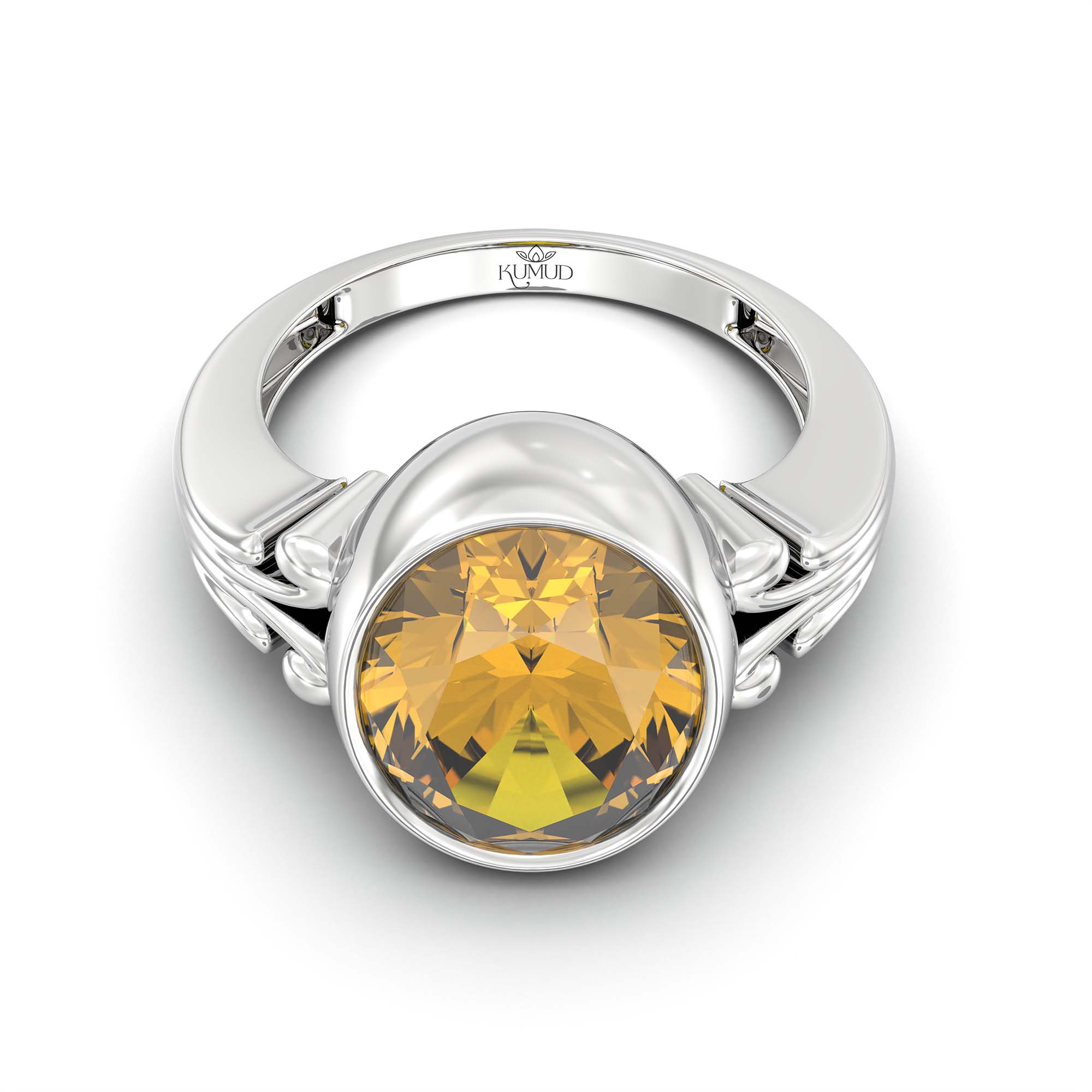 Yellow Sapphire (Pukhraj) Ring for Men in 18K White Gold – Oval 14x11 mm, Bezel Setting, 12 g thumbnail