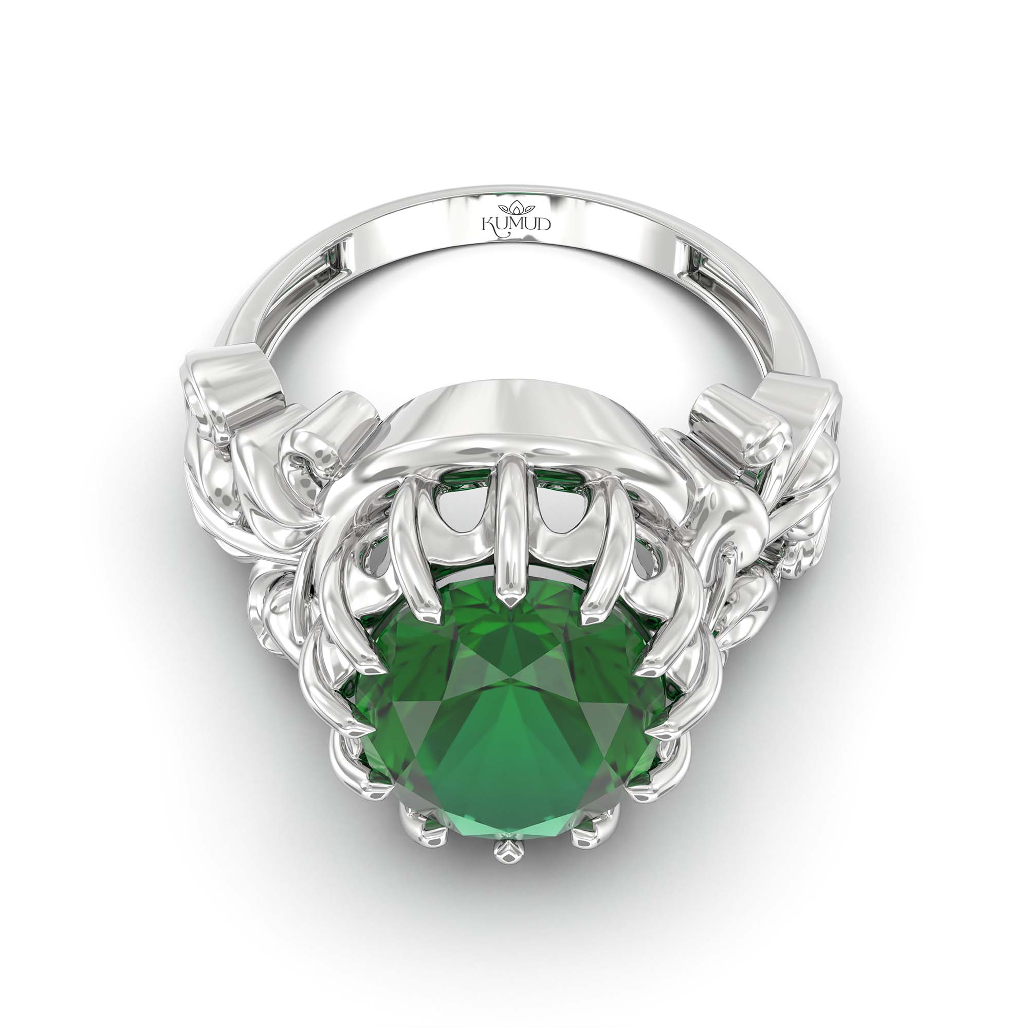 Emerald (Panna) Ring for Men in 18K White Gold – Oval 14x11 mm, Prong Setting, 10 g (Design K12-5) thumbnail