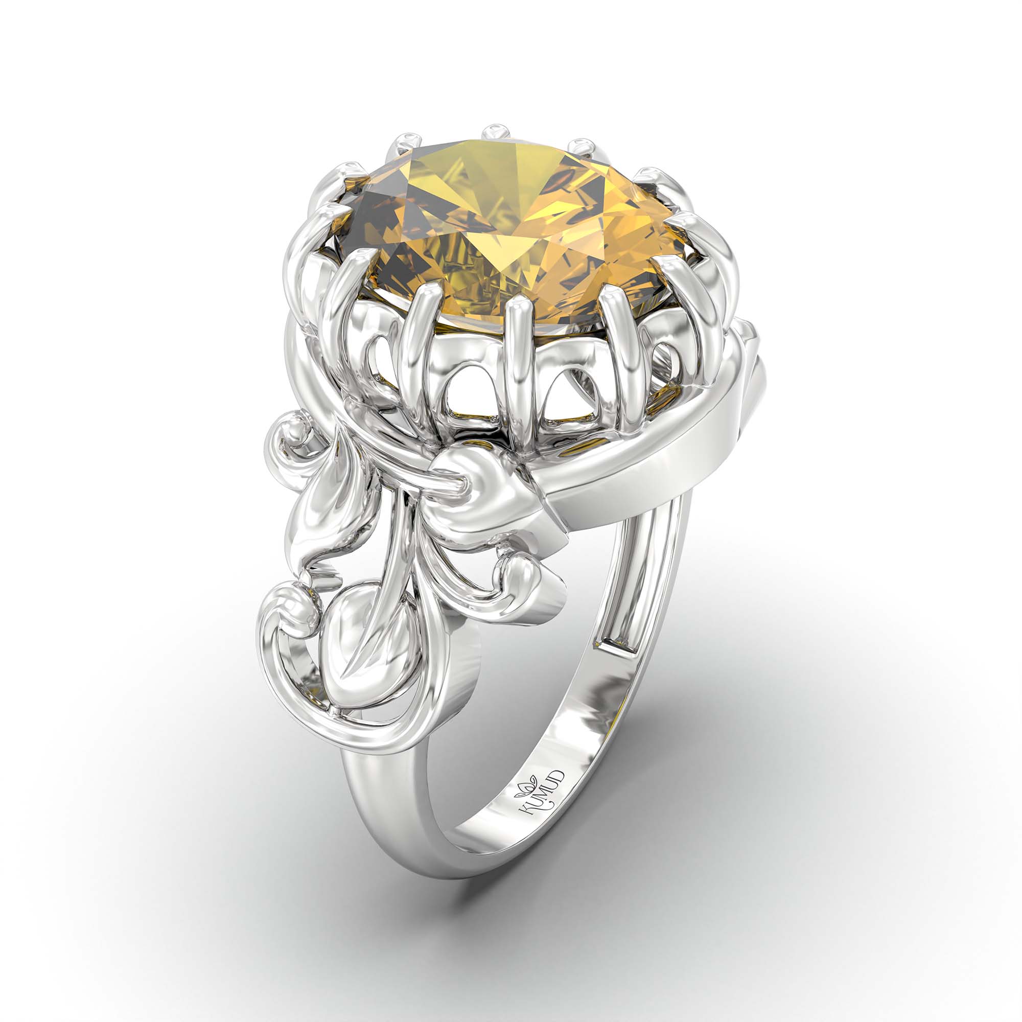 Yellow Sapphire (Pukhraj) Ring for Men in 18K White Gold – Oval 14x11 mm, Prong Setting, 10 g (Design K12-5) thumbnail