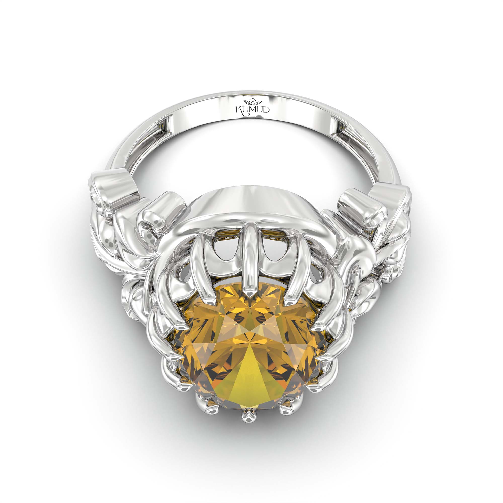 Yellow Sapphire (Pukhraj) Ring for Men in 18K White Gold – Oval 14x11 mm, Prong Setting, 10 g (Design K12-5) thumbnail