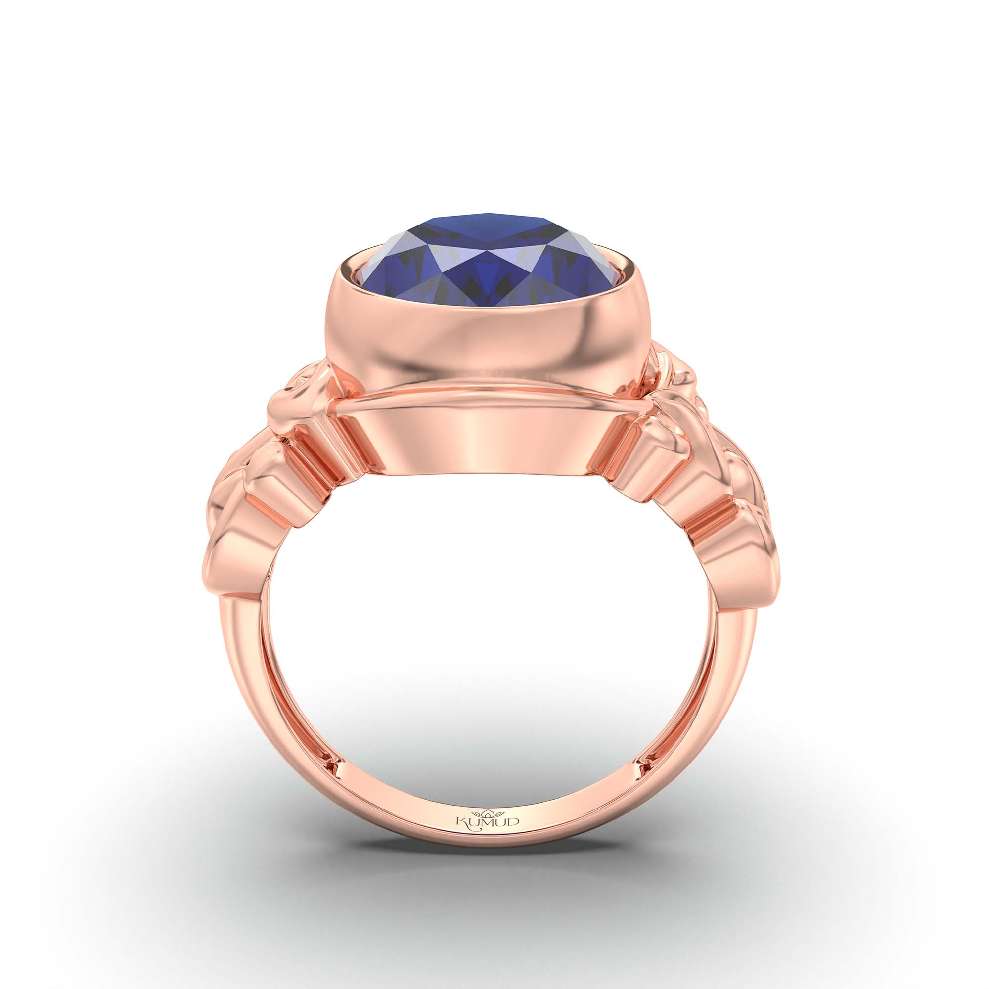 Blue Sapphire (Neelam) Ring for Men in 18K Rose Gold – Oval 14x11 mm, Bezel Setting, 9 g (Design K12-5) thumbnail
