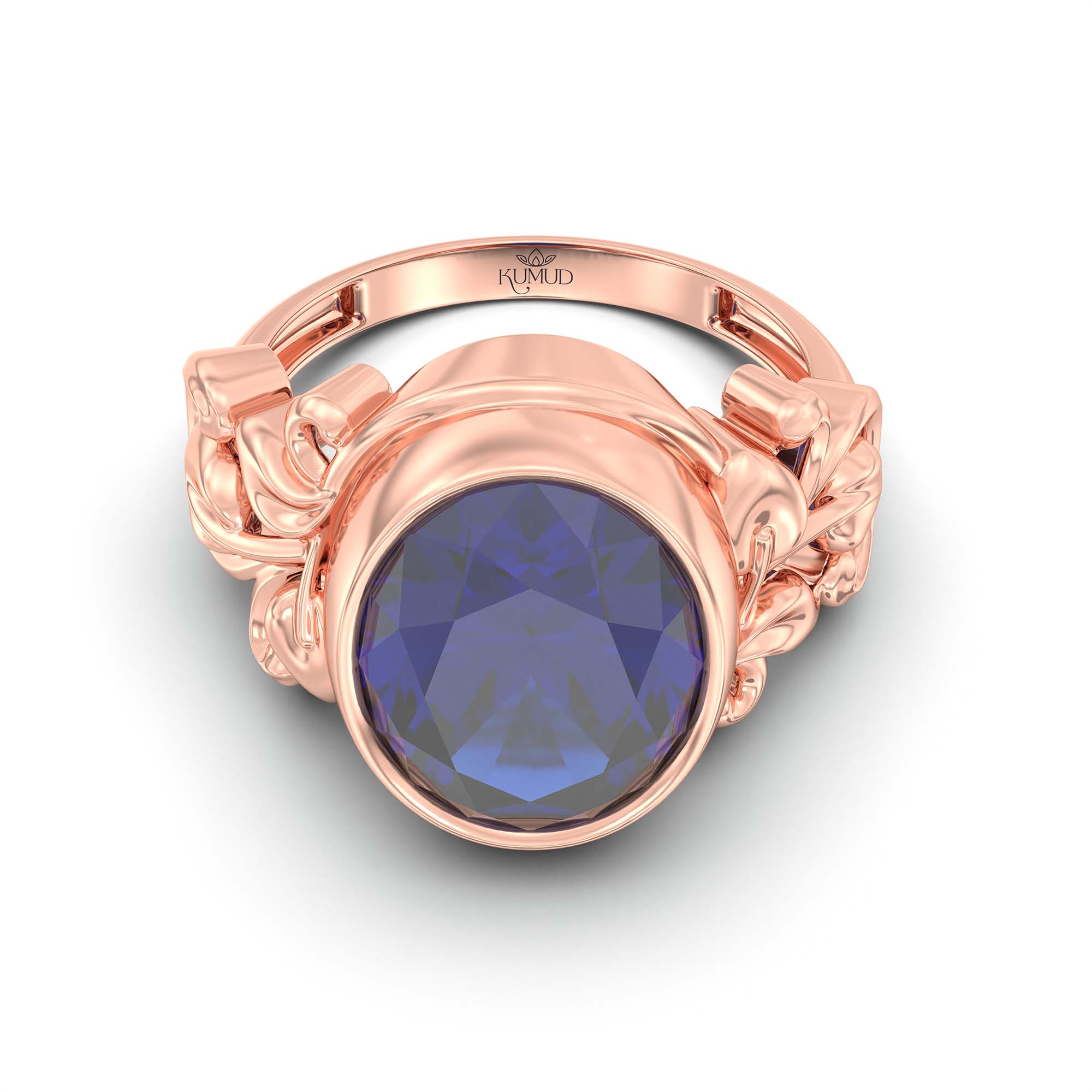 Blue Sapphire (Neelam) Ring for Men in 18K Rose Gold – Oval 14x11 mm, Bezel Setting, 9 g (Design K12-5) thumbnail