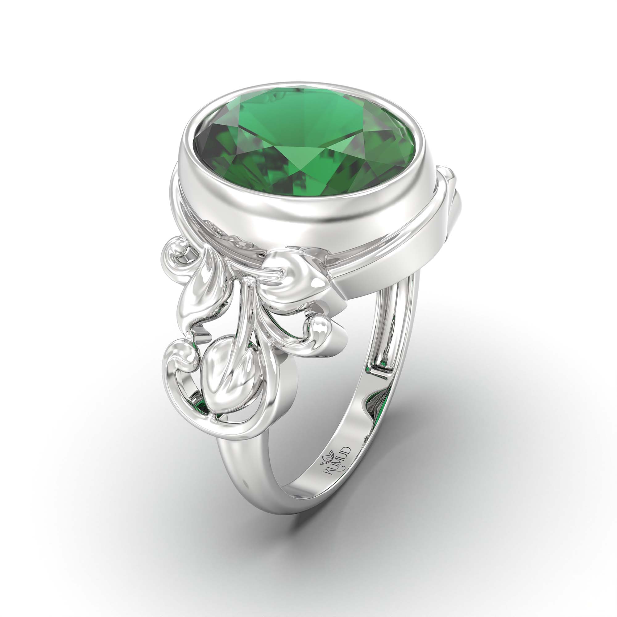 Emerald (Panna) Ring for Men in 18K White Gold – Oval 14x11 mm, Bezel Setting, 9 g (Design K12-5) thumbnail